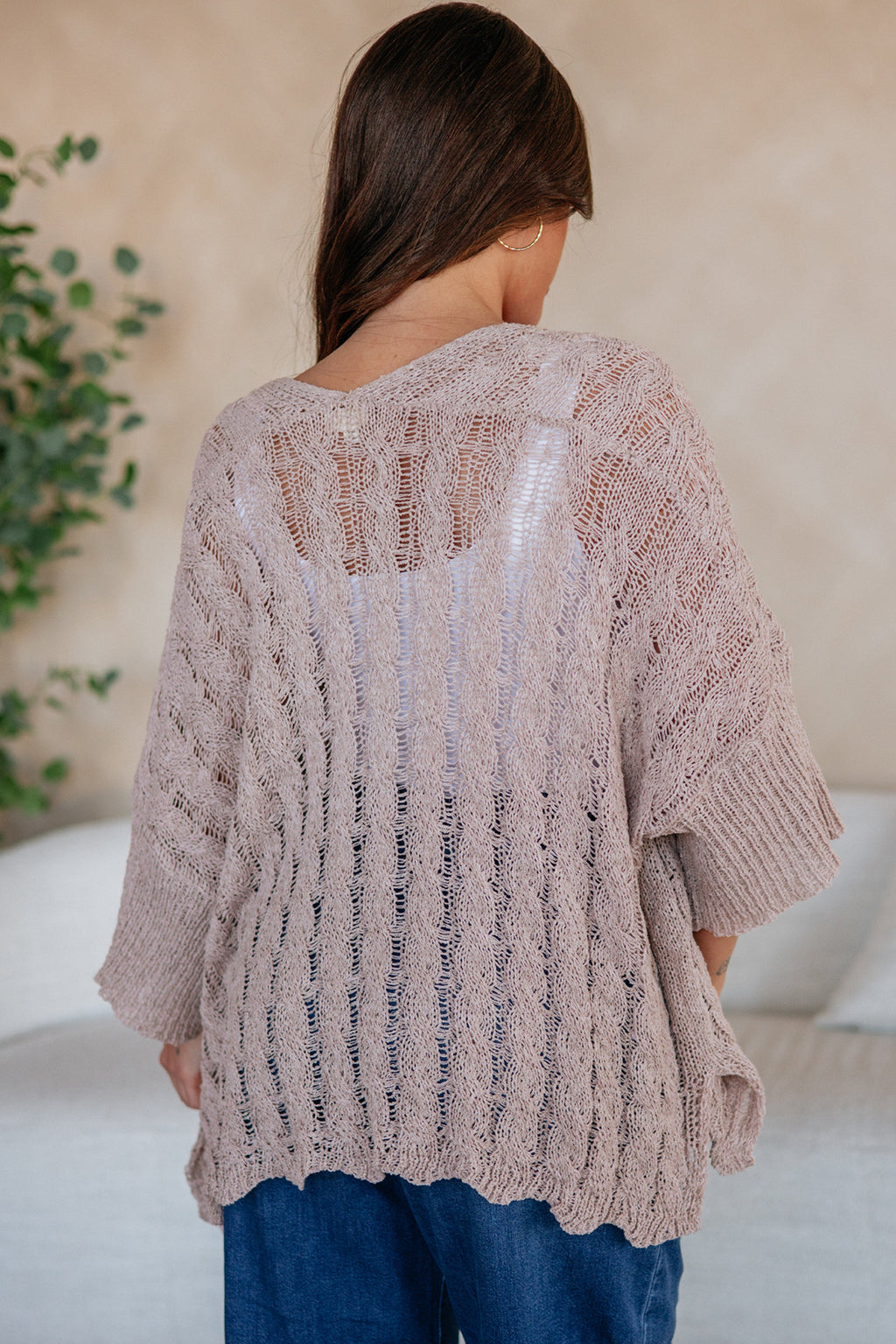 Pink Drop Shoulder Crochet Knit Open Front Sweater Cardigan