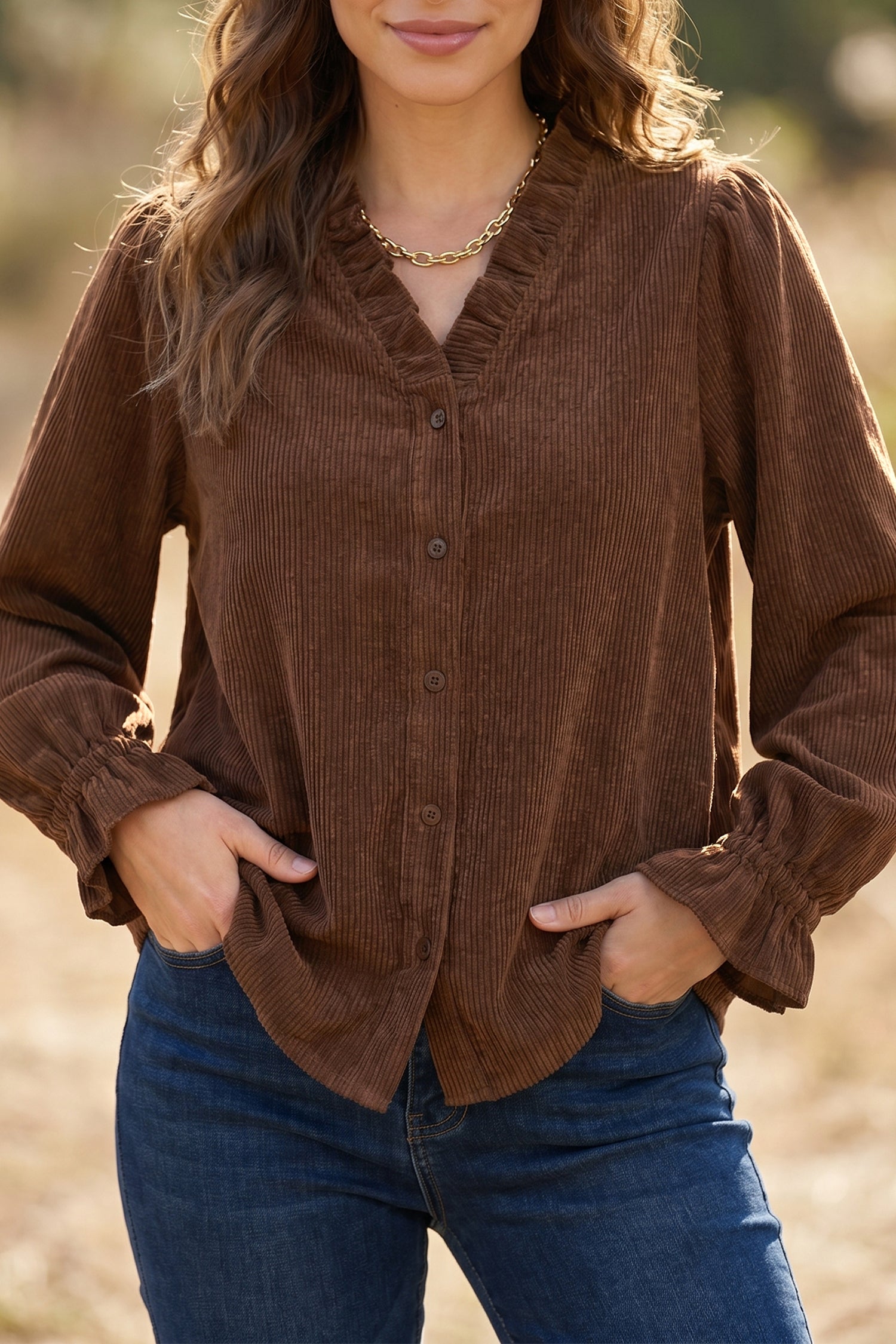 Coffee Solid Color Ruffle Trim V Neck Long Sleeve Button Corduroy Shakcet