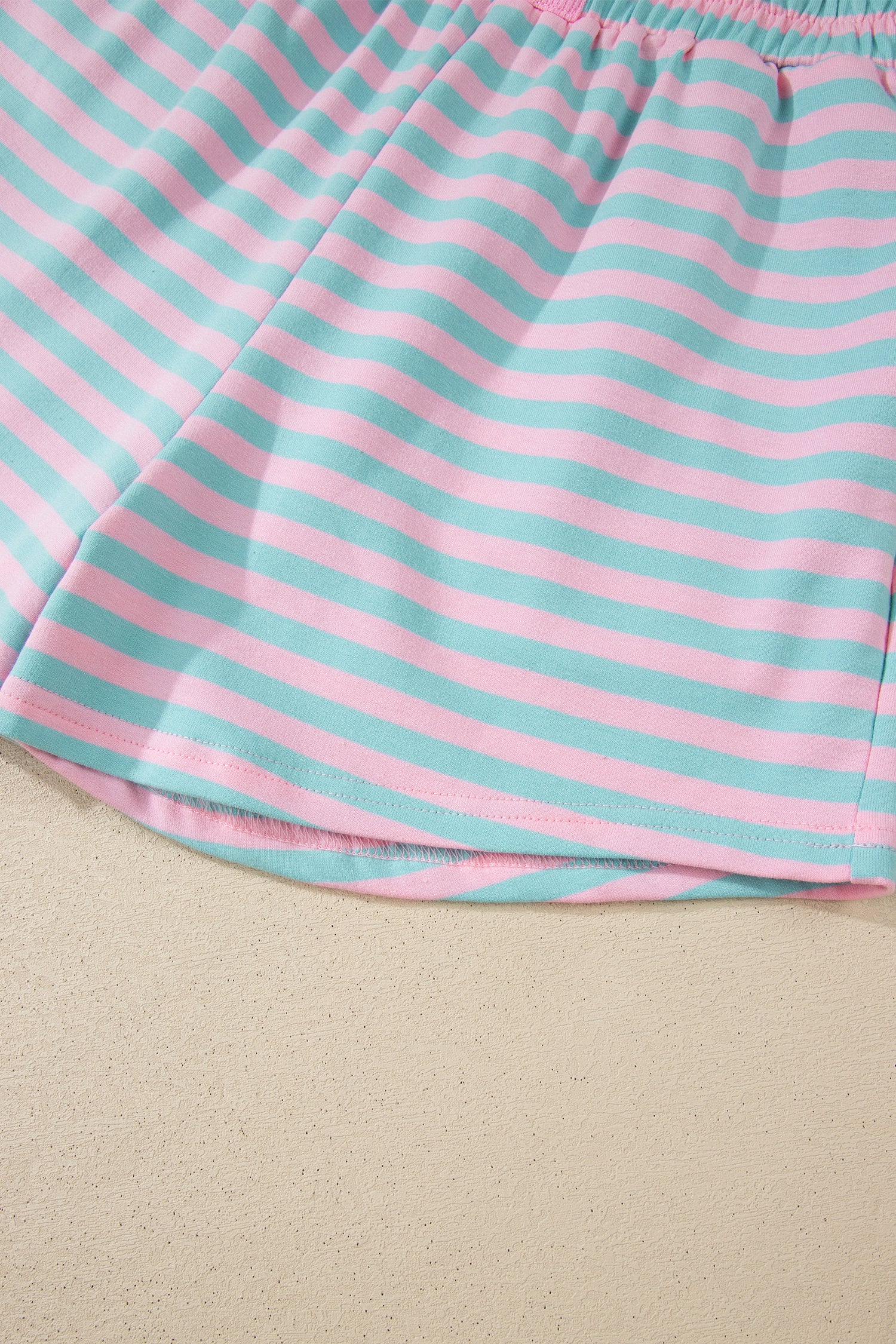 Green Stripe Color Block Detail Long Sleeve Pullover Elastic Waist Pull On Shorts 2pcs Set