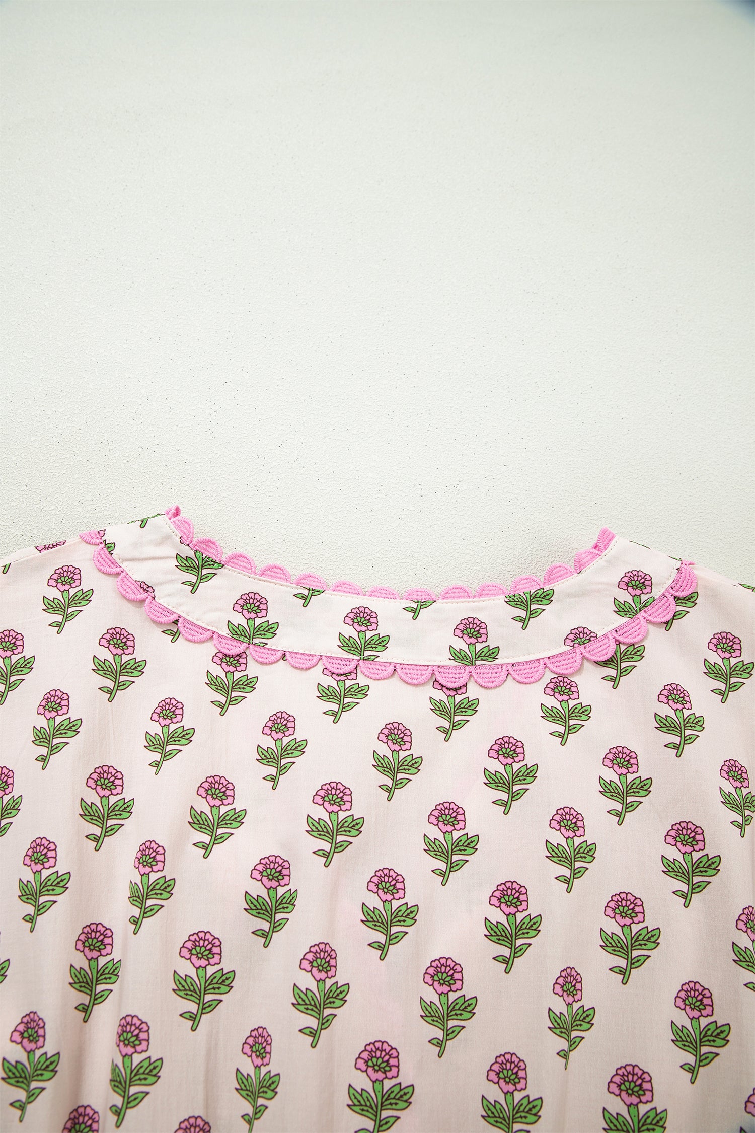 Pink Floral Print V Neck Scallop Trim Button Front Short Sleeve Long Dress