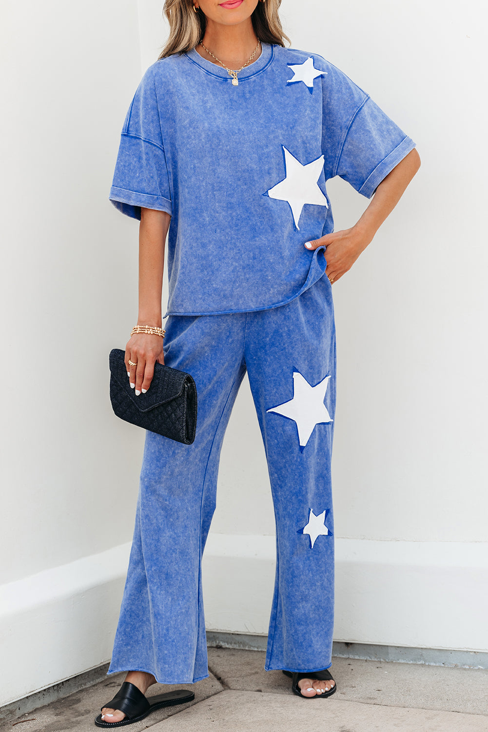 Light Pink Acid Wash Star Patched Rolled Trim Pants Set