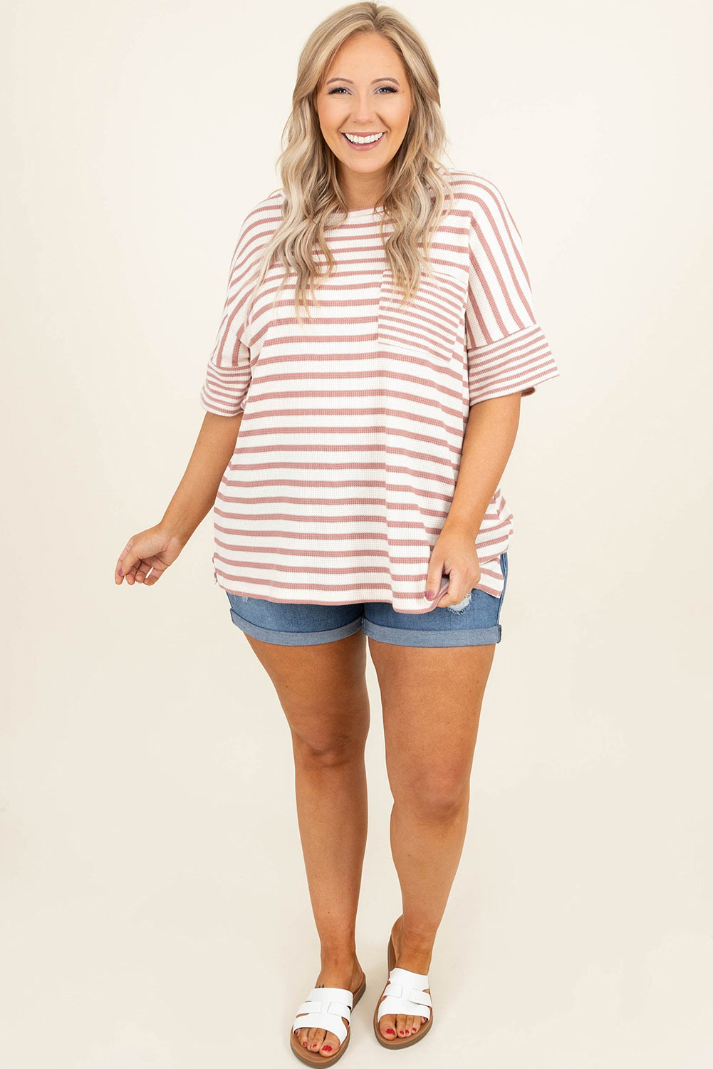 Pink Stripe Waffle Knit Pocketed Half Sleeve Plus Size T Shirt