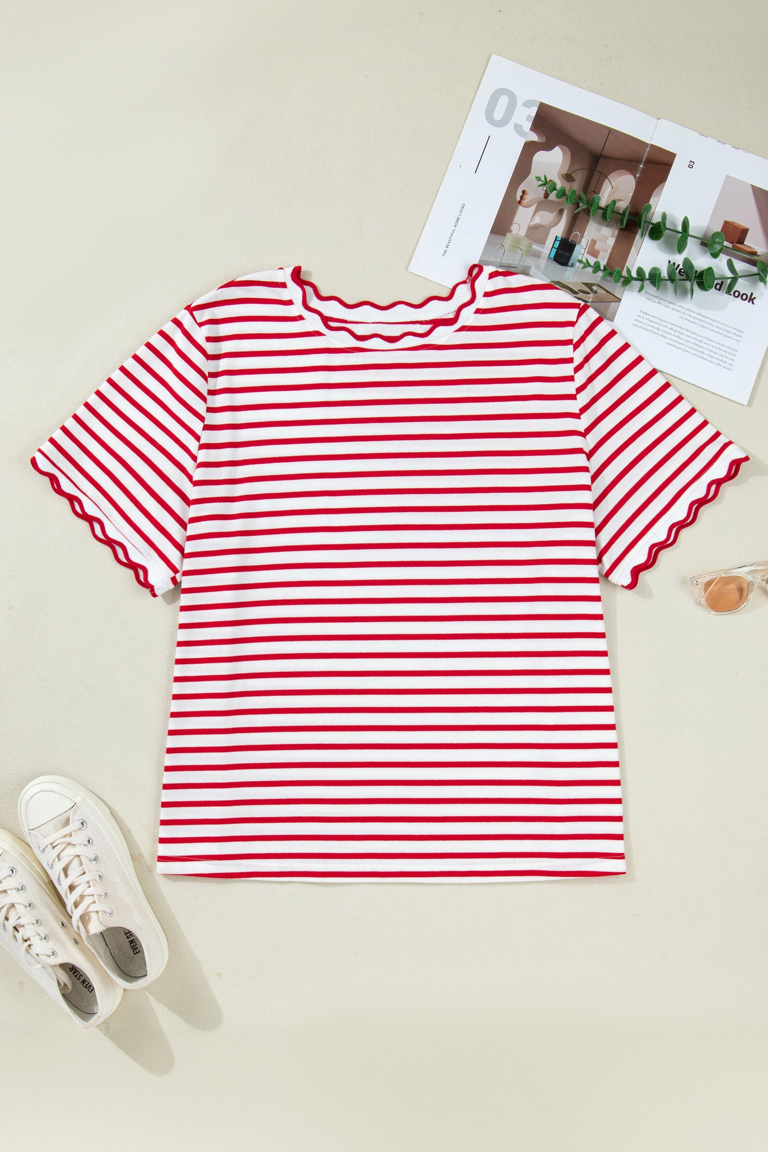 Red Stripe Plus Size Scalloped Trim Round Neck Short Sleeve Top