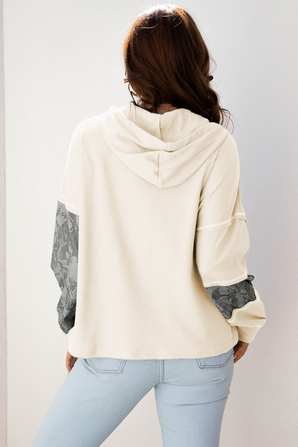 Cinnamon Waffle Printed Patchwork Drawstring Hooded Long Sleeve Top