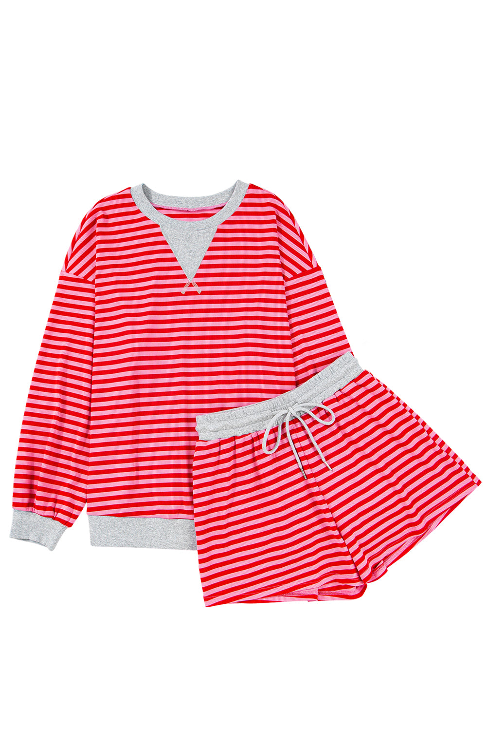 Red Stripe Drop Shoulder Baggy Pullover and Shorts Casual Set