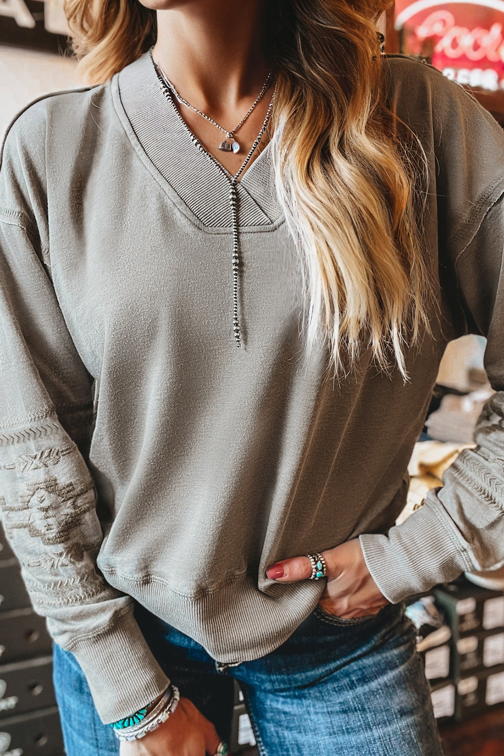 Parchment Aztec Embroidered Western V Neck Sweatshirt