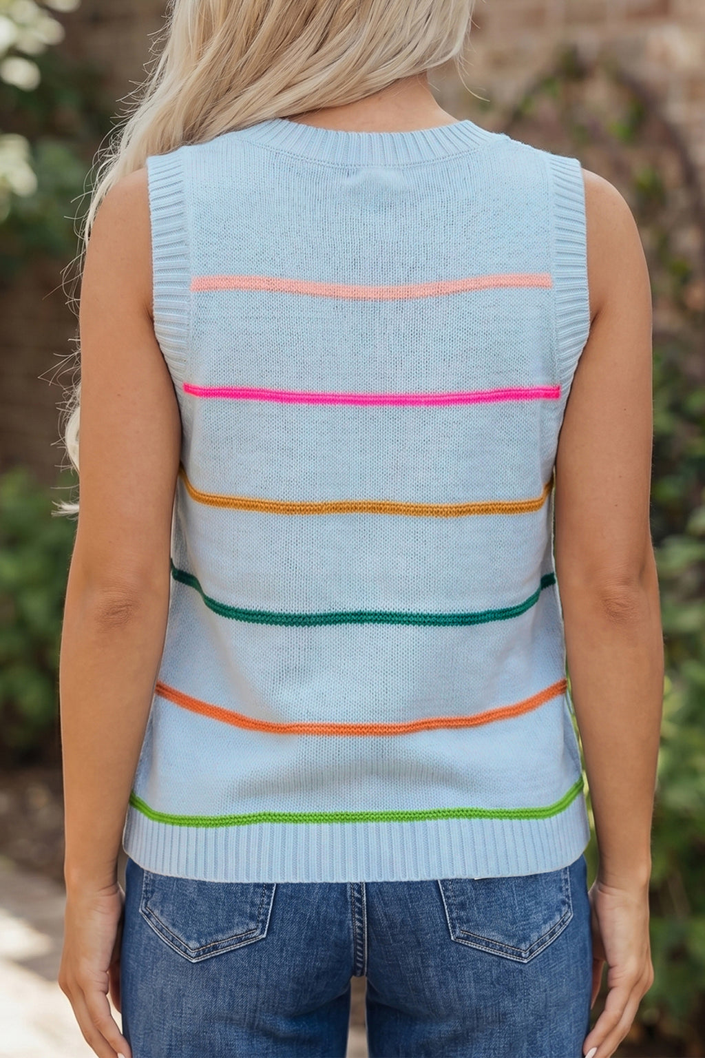 Purple Stripe Round Neck Knitted Sweater Tank