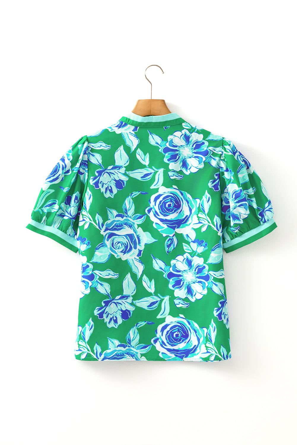 Bright Green Rose Floral Print Puff Short Sleeve Summer Blouse