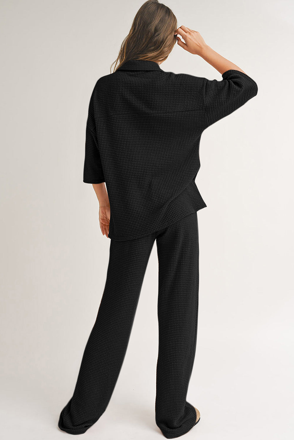 Four Leaf Clover Solid Color Textured Buttoned Shirt and Casual Pants Set