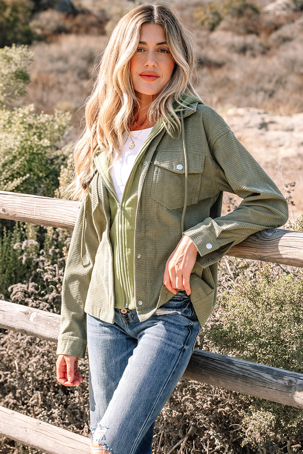 Laurel Green 2 in 1 Thermal Knit Textured Hooded Jacket