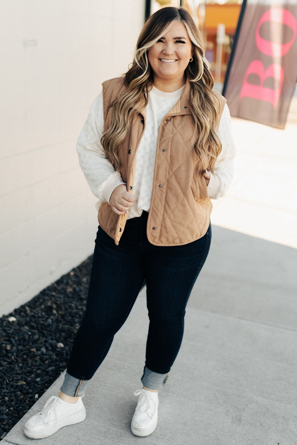 Camel Plus Size Quilted Cord Snap Button Vest Jacket