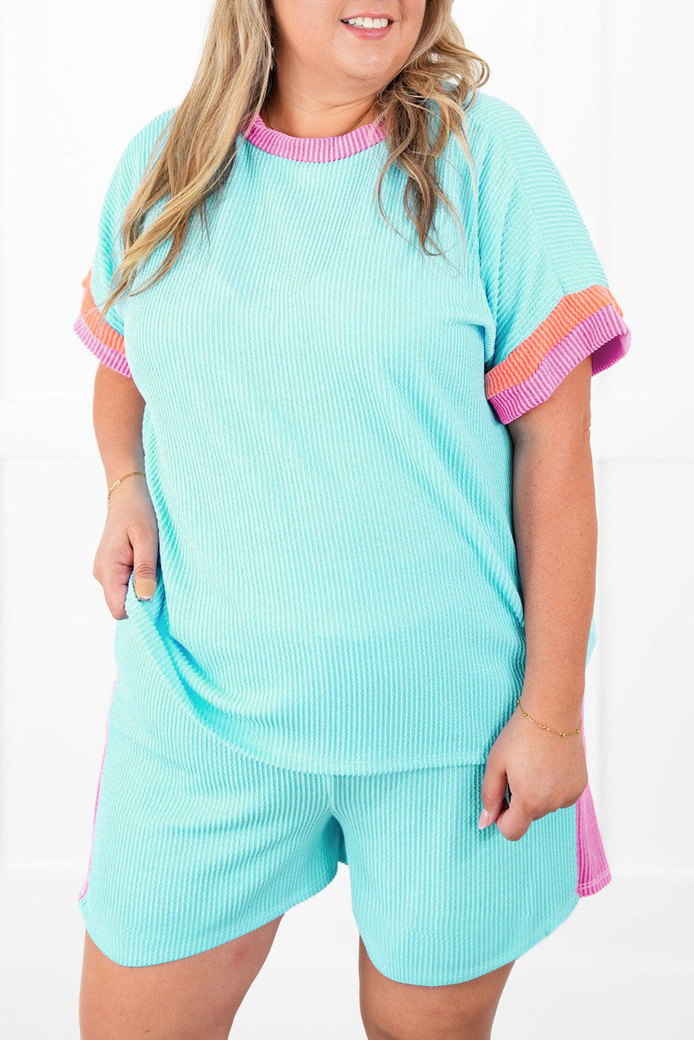 Bonbon Plus Size Color Block Corded Knit Tee and Shorts Set