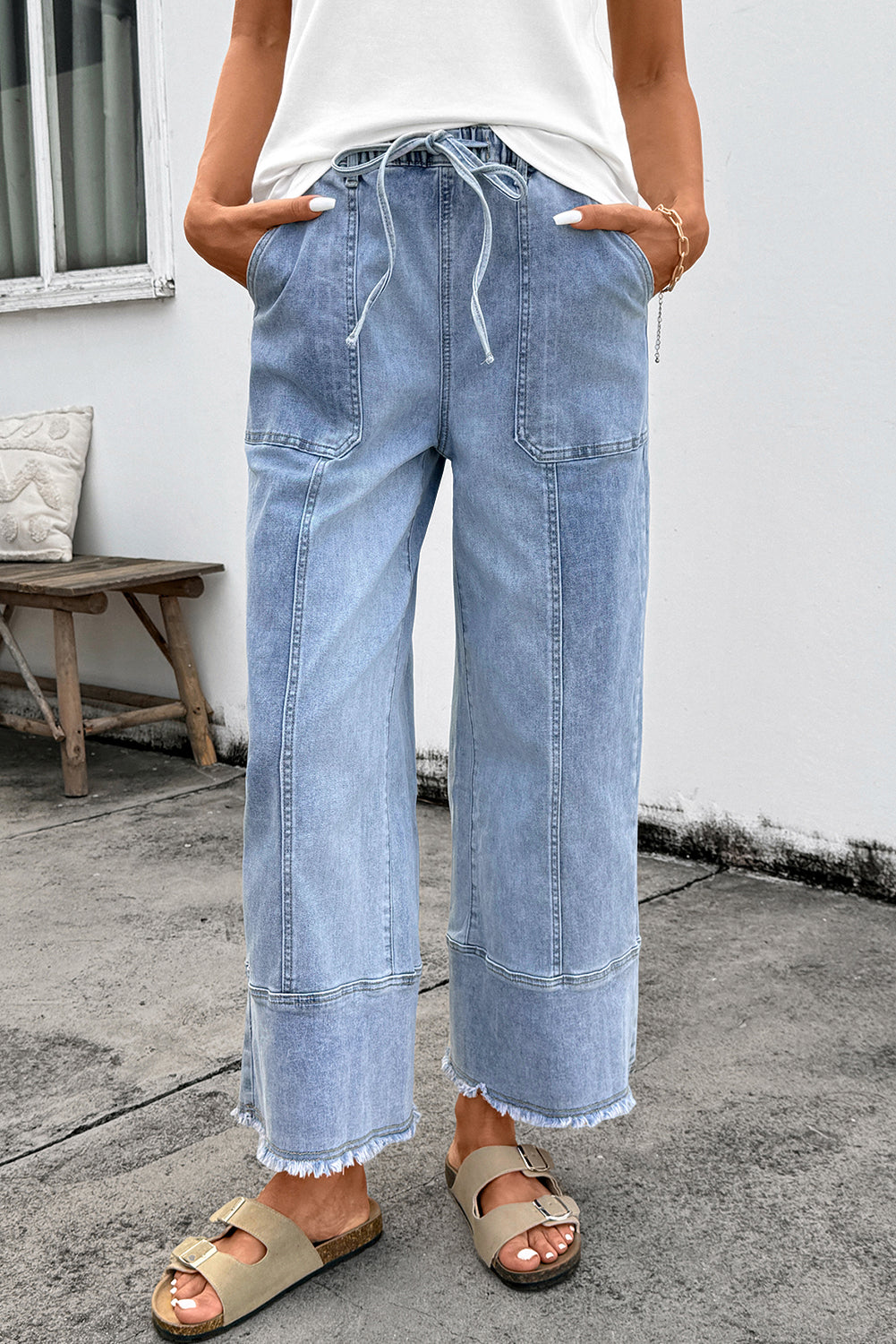 Gray Drawstring Seam Detail Raw Hem Wide Leg Denim Pants