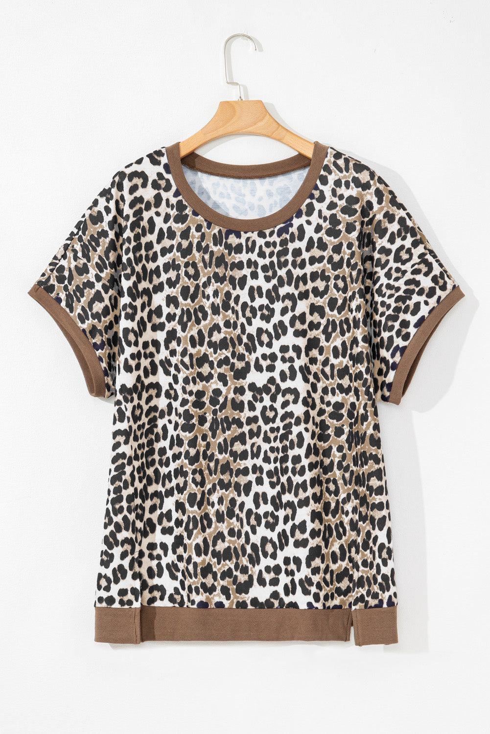 Khaki Leopard Contrast Trim Short Sleeve Loose Plus Size Top