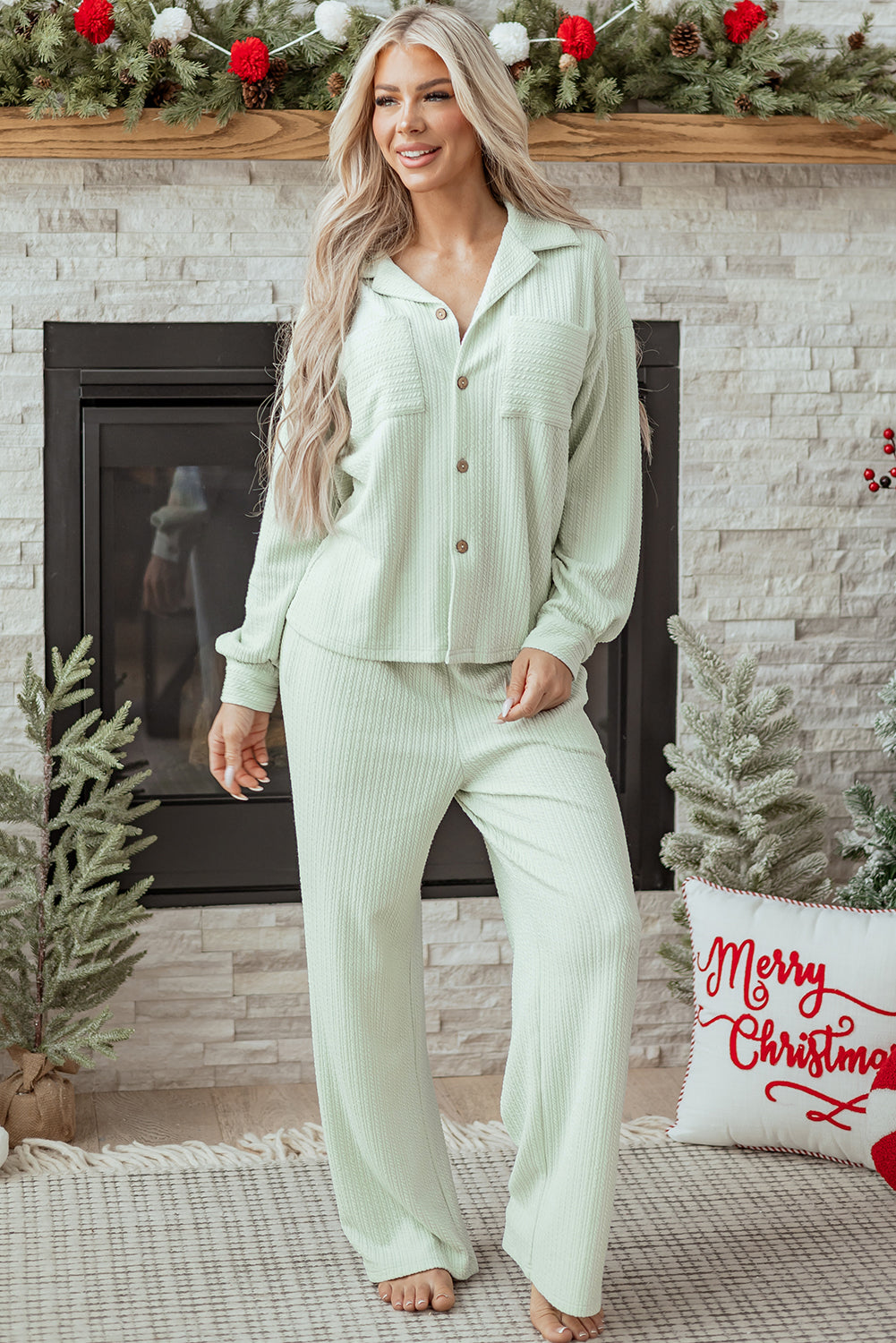 Clearly Aqua Textured Patched Chest Pocket Shirt and Pants Set
