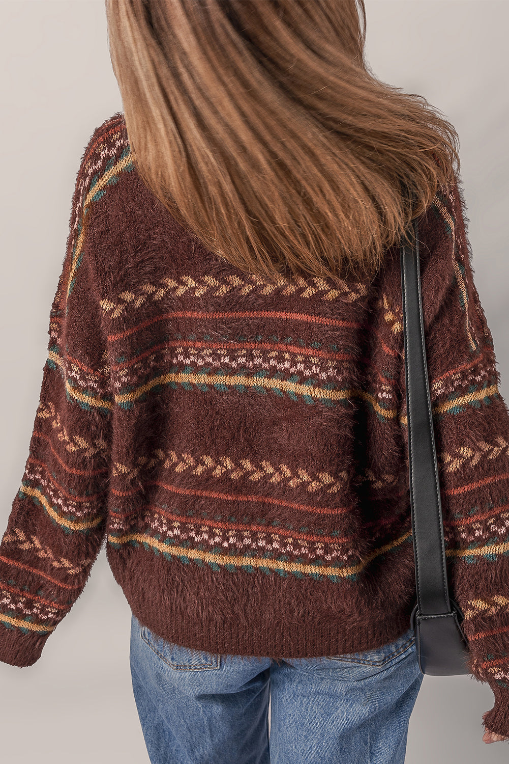 Brown Ethnic Pattern Mohair Knitted Drop Shoulder Sweater