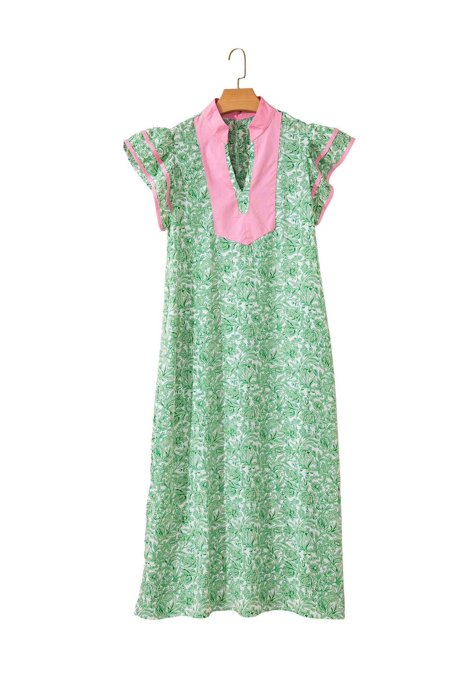 Pink Floral Print Color Block Patchwork V Neck Short Sleeve Midi Dress
