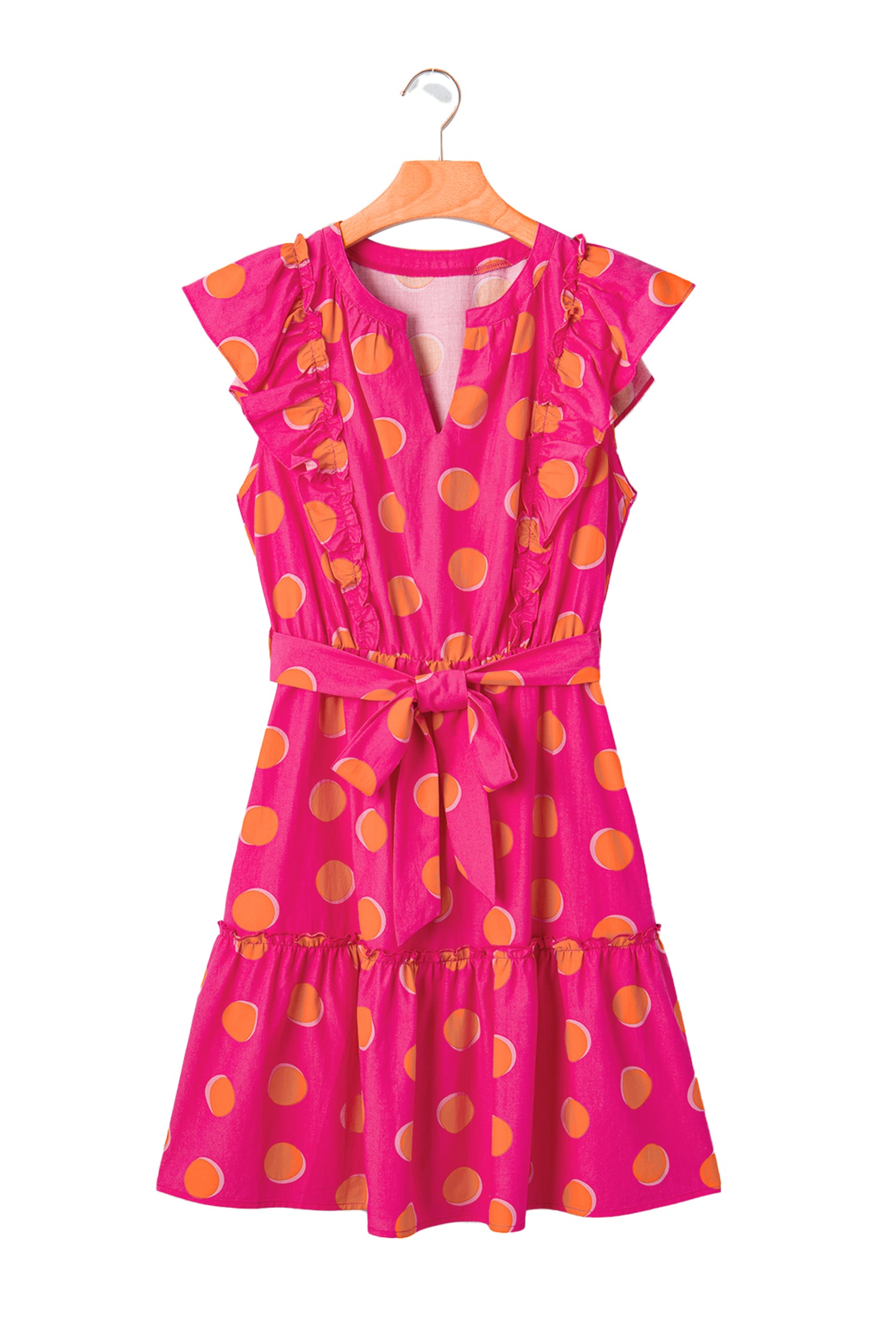 Rose Double Polka Dot V Neck Ruffled Short Sleeve Dress