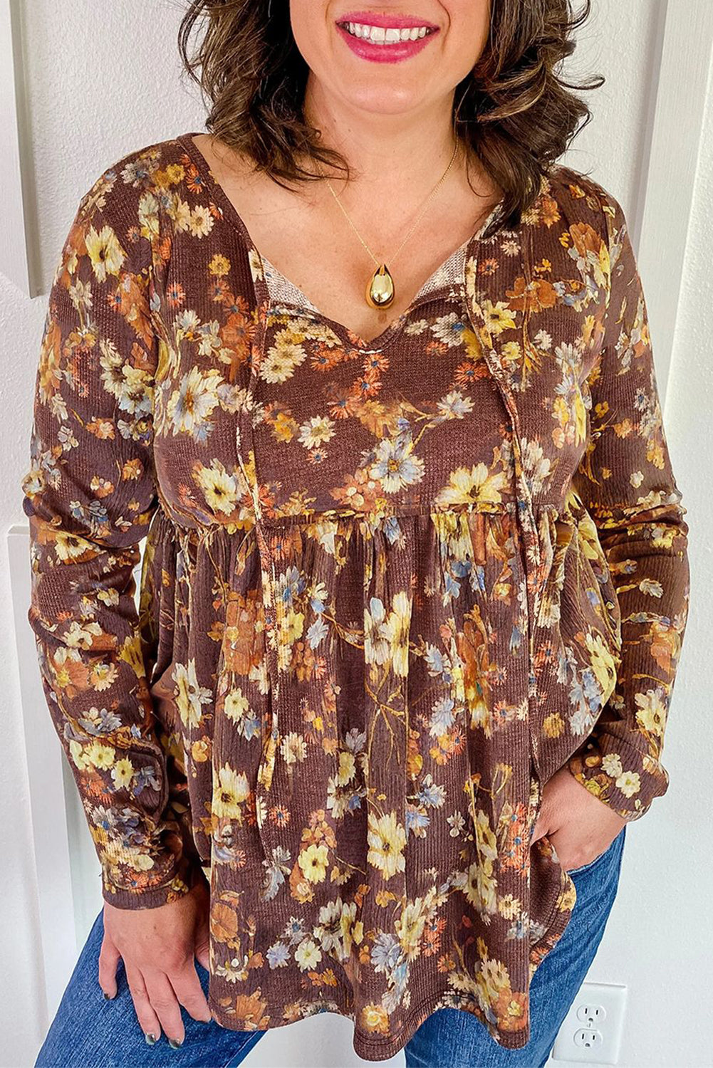 Khaki Floral Textured Tied Neck Long Sleeve Plus Size Babydoll Blouse