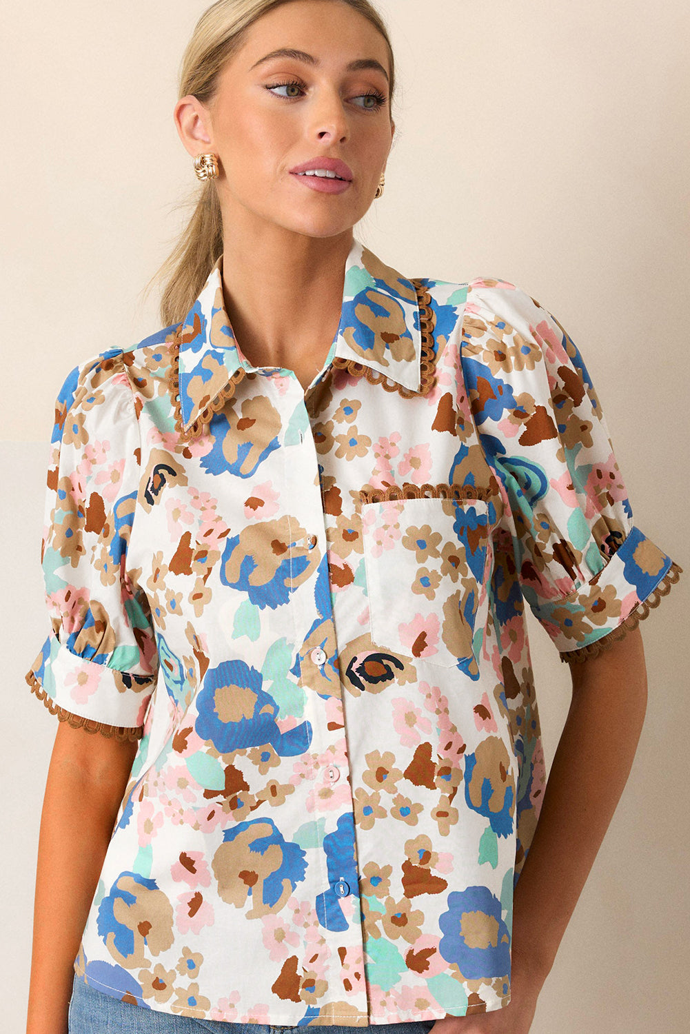 Multicolour Floral Print Ricrac Trim Collared Puff Short Sleeve Shirt