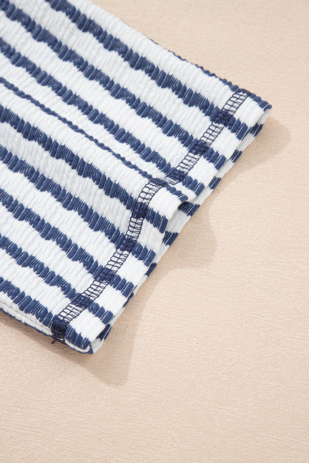 Sky Blue Stripe Textured Knit Split Hem Half Sleeve Loose Top
