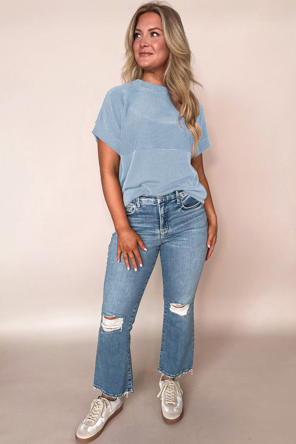 Bright Pink Plain Corded Knit Mock Neck T Shirt