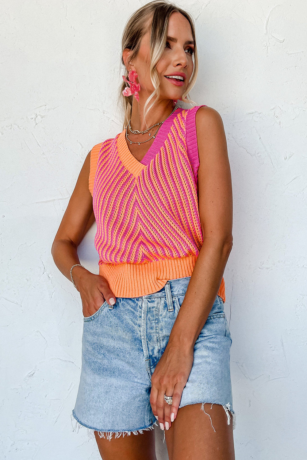 Light Pink Contrast Chevron Knit V Neck Sweater Vest