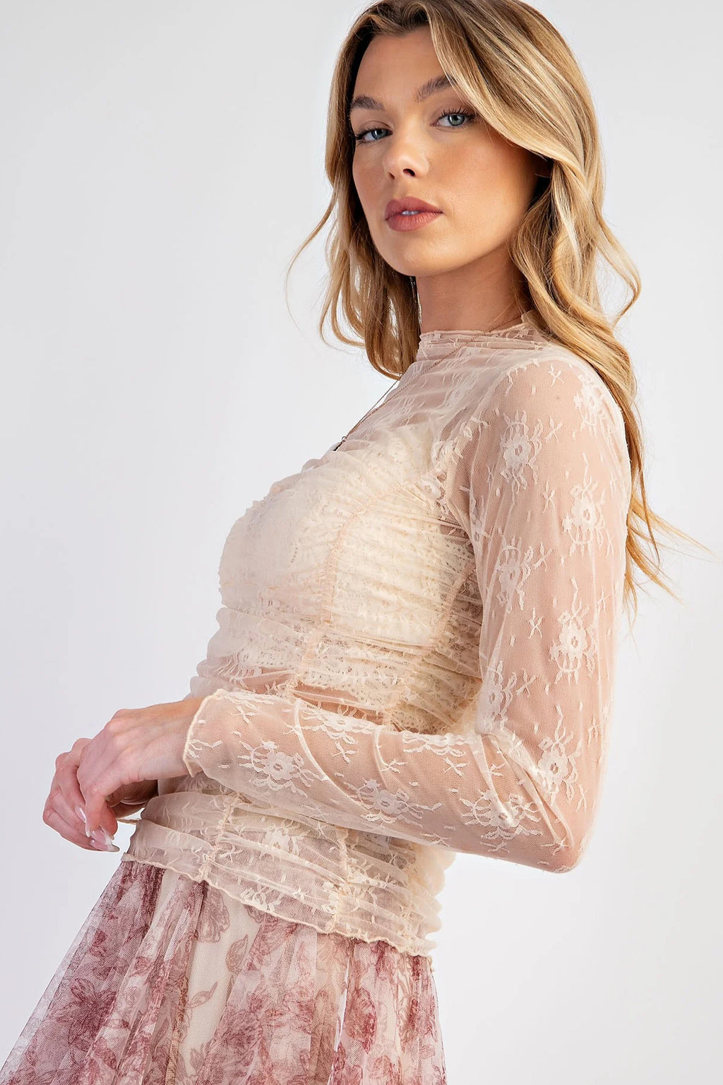 Jet Stream Sheer Floral Mesh Ruched Long Sleeve Top
