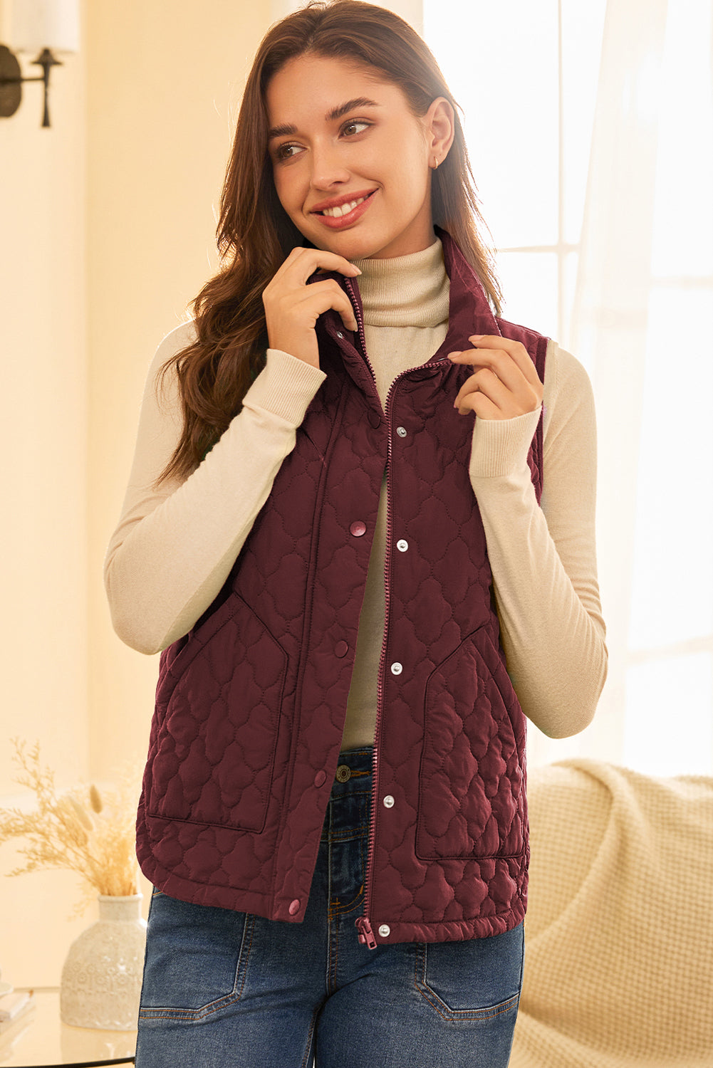 Dark Brown Flower Shape Quilted Snap Button Zip Up Winter Vest