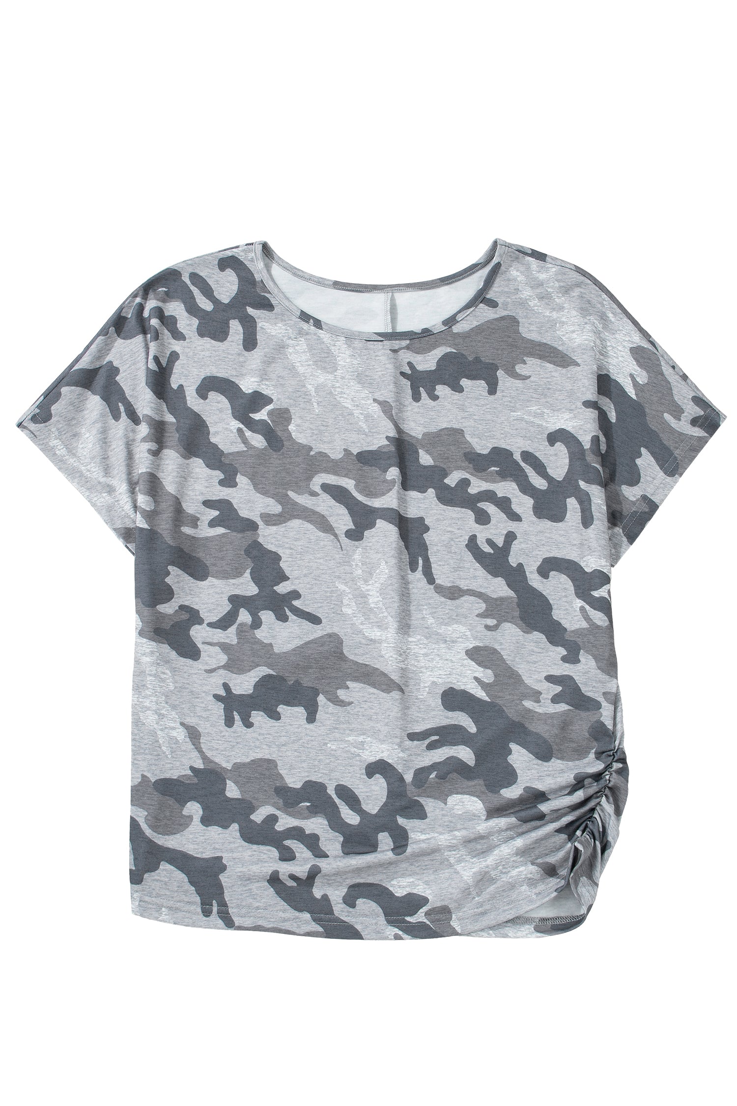 Gray Camouflage Print Round Neck T Shirt