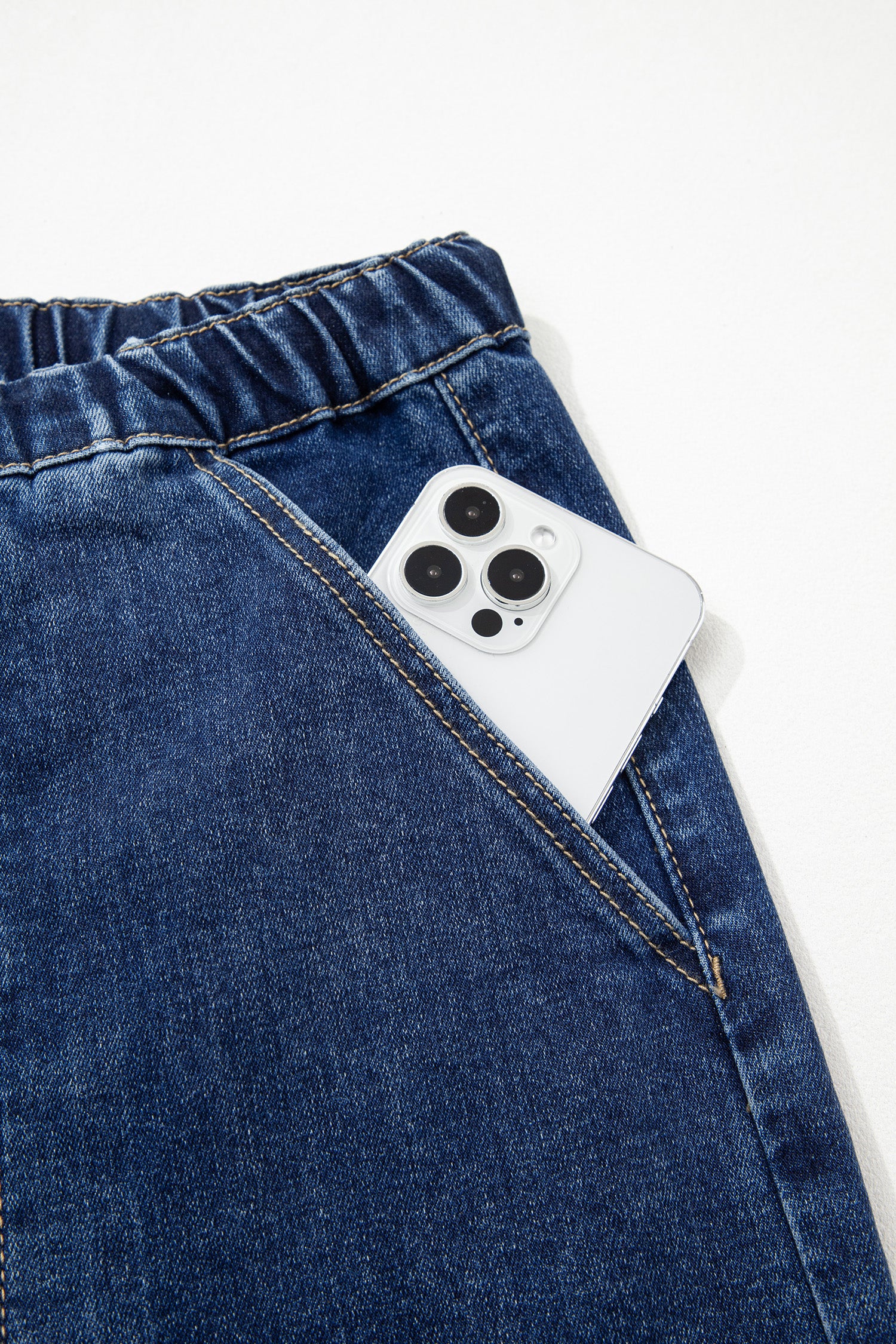 Prussian Blue Drawstring Seam Detail Raw Hem Wide Leg Denim Pants