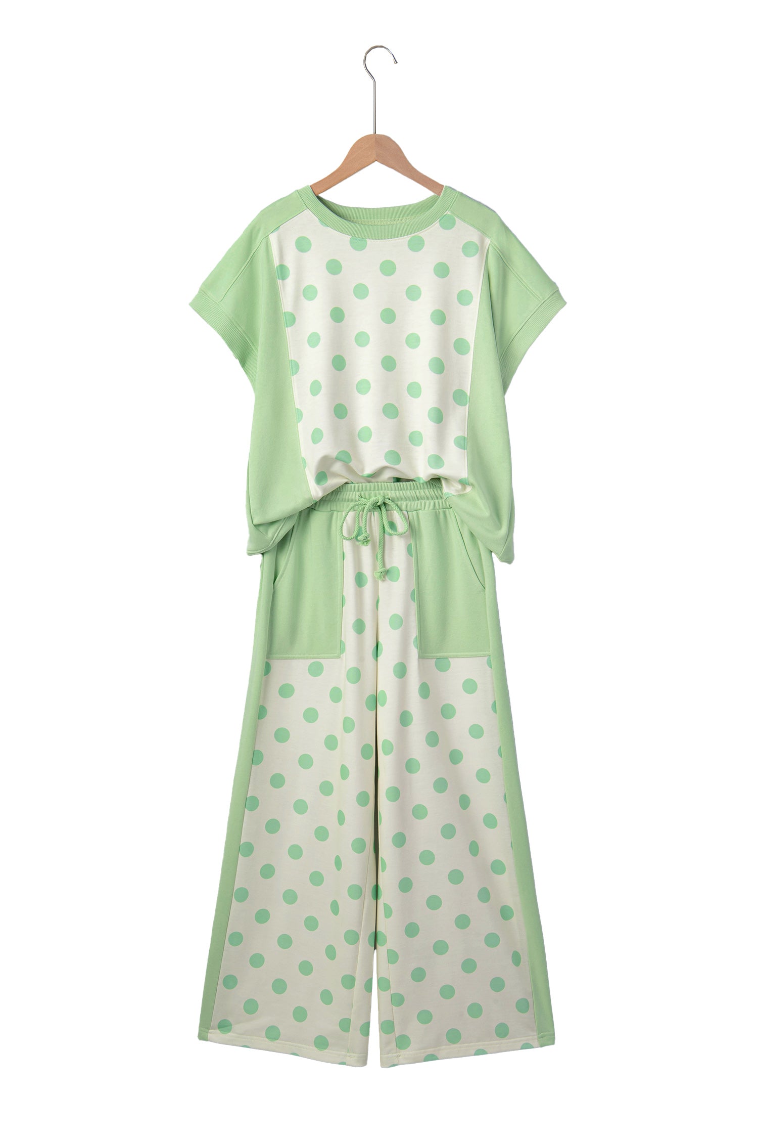Green Color Block Patchwork Polka Dot Wide Leg Pant Set