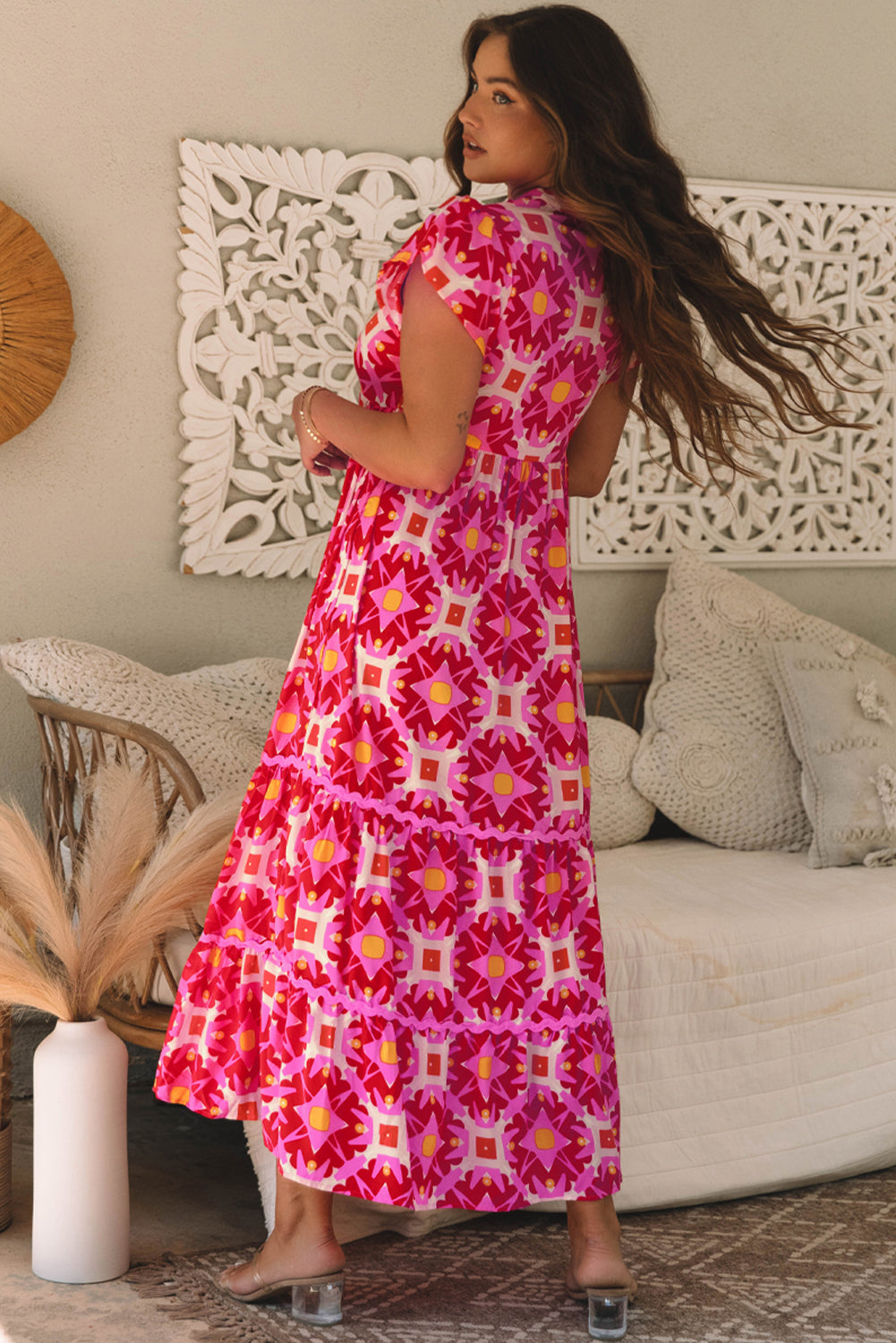 Strawberry Pink Geo Print V-neck Maxi Dress