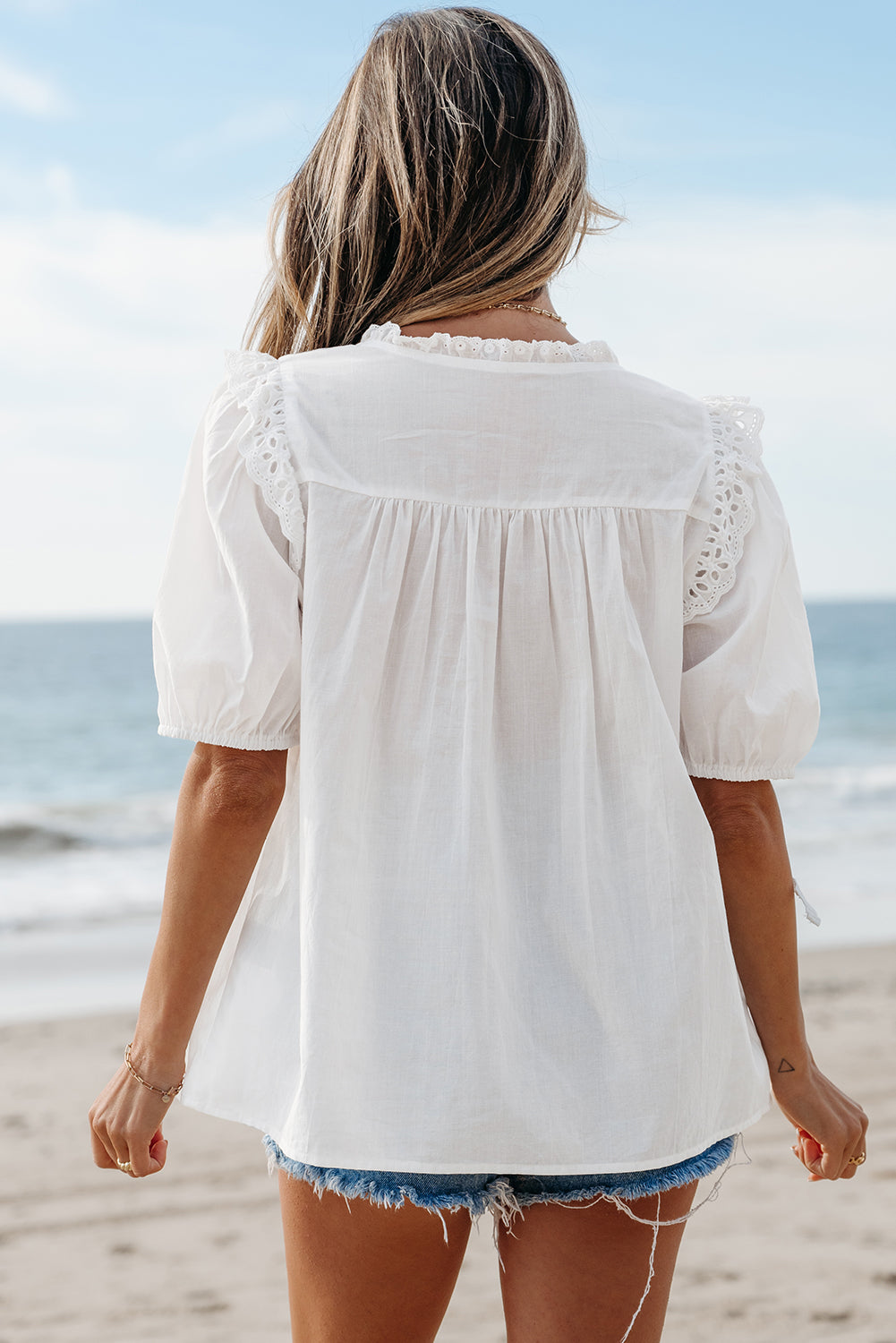 White Embroidered Lace Patchwork Tie Neck Puff Short Sleeve Blouse