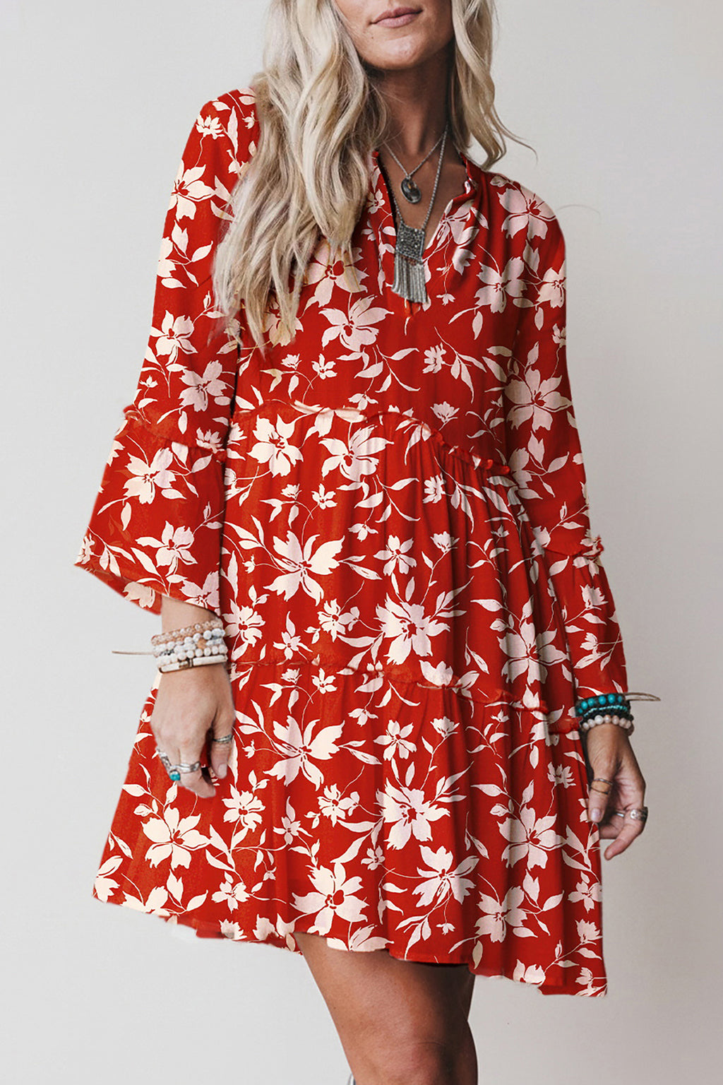 Blue Boho Floral Print Lettuce Trim 3/4 Sleeve Mini Dress