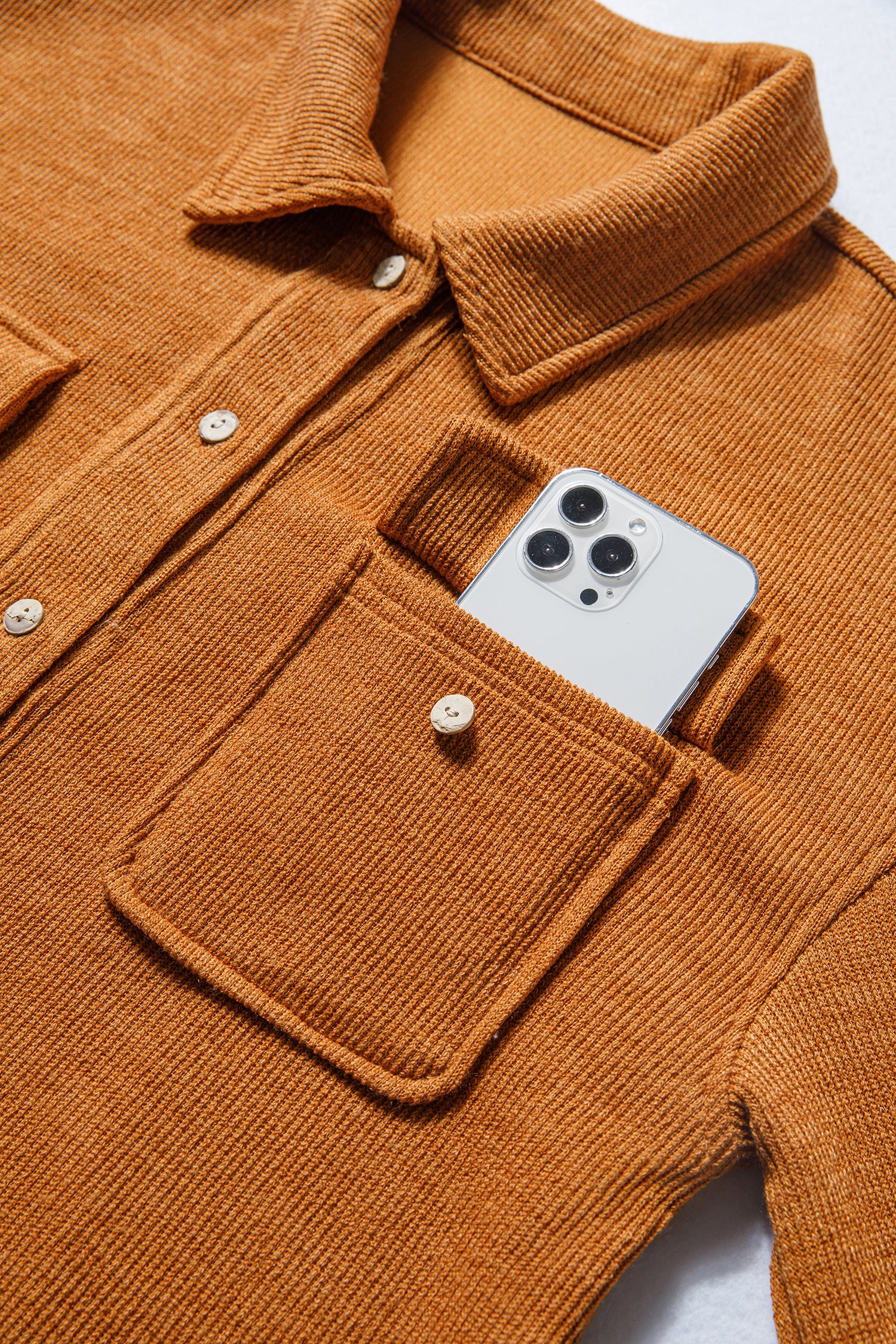 Russet Orange Flap Pocket Textured Knit Solid Color Casual Shacket