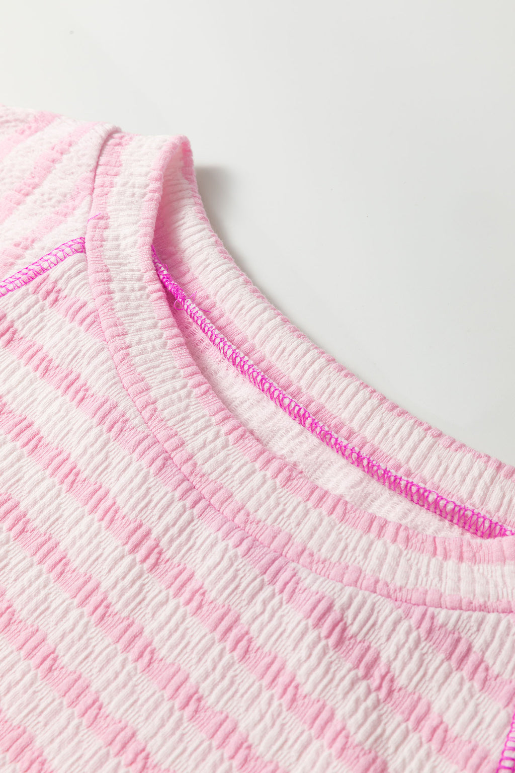 Apricot Stripe Textured Knit Split Hem Half Sleeve Loose Top