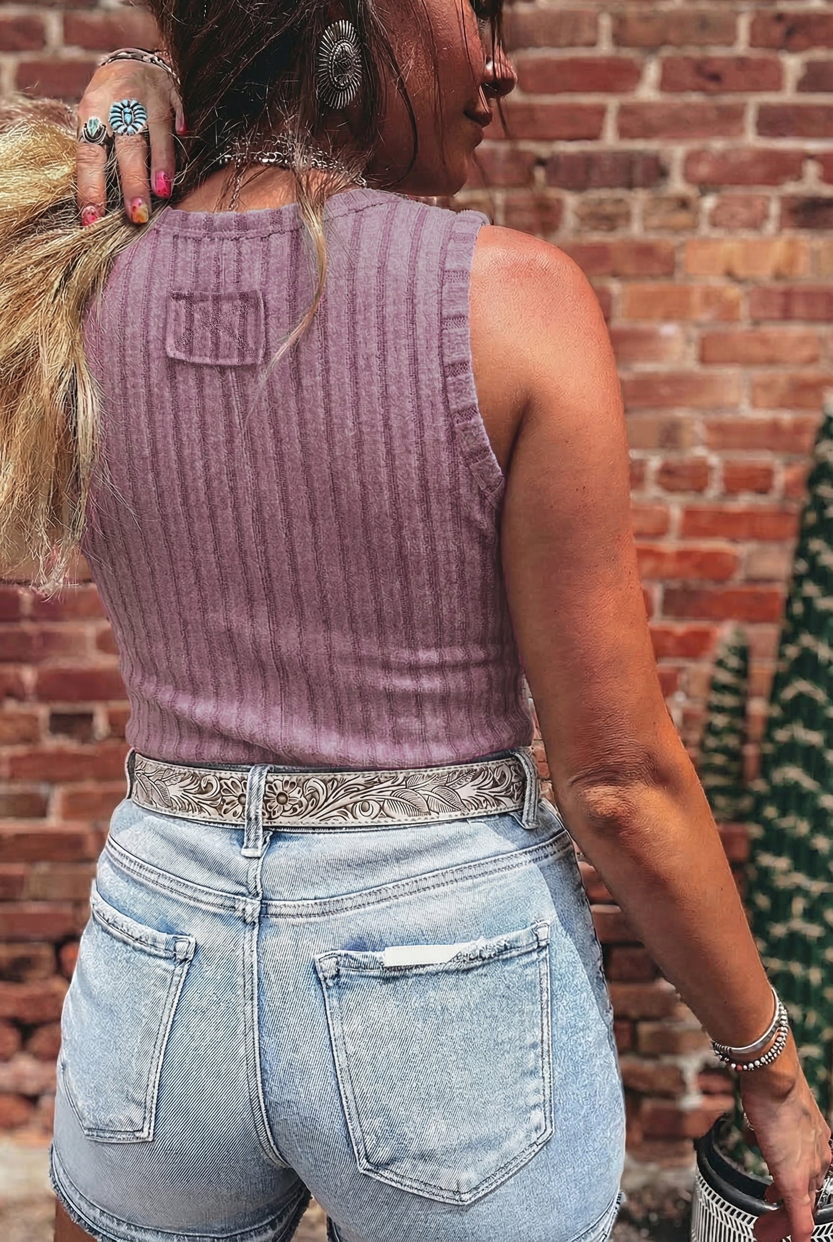 Sky Blue Slim Ribbed Mineral Wash Tank Top