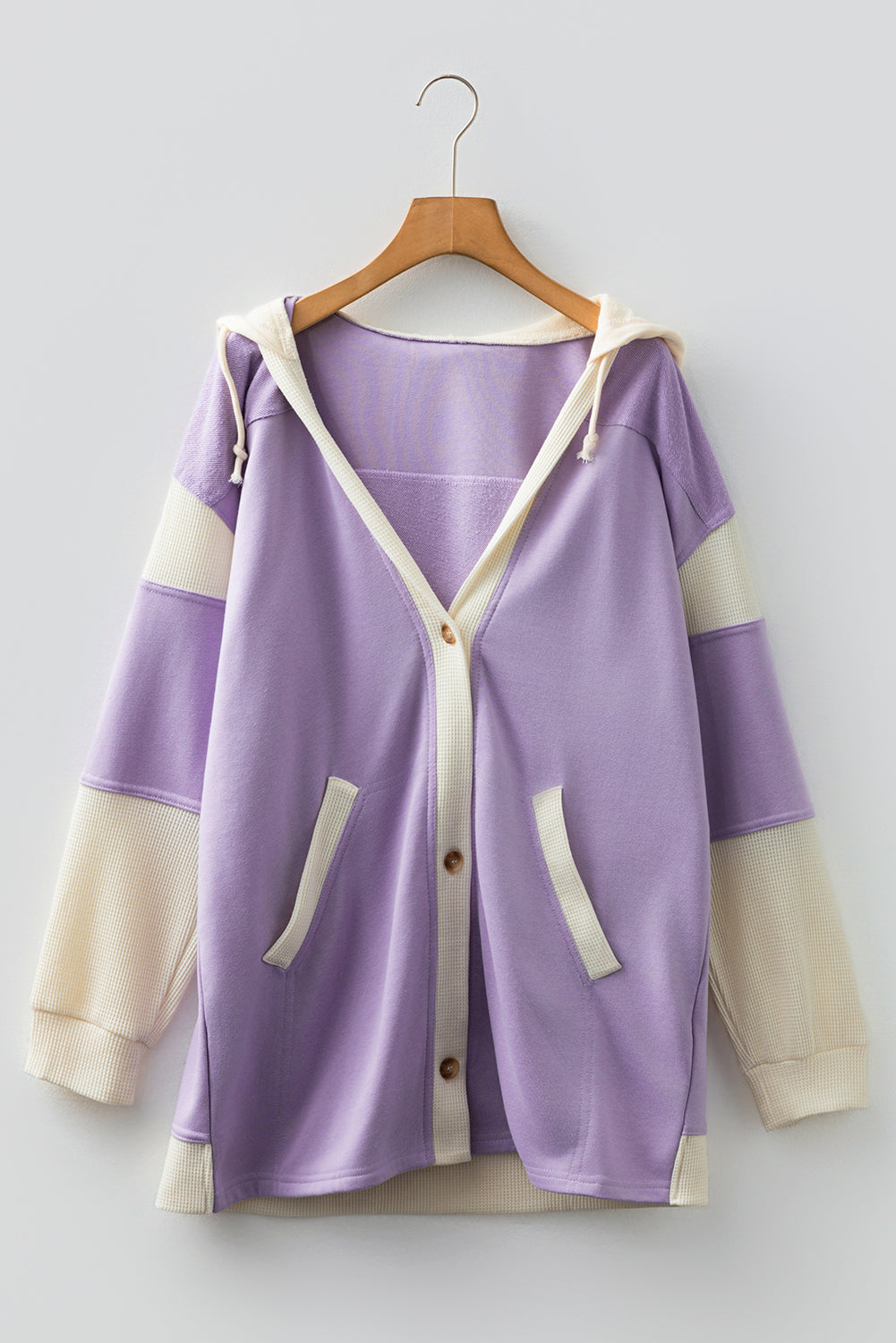 Orchid Petal Waffle Contrast Knit Color Block Patchwork Button Front Oversize Hoodie