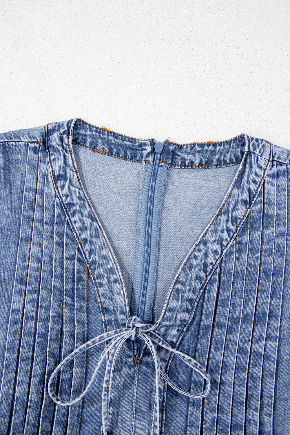 Beau Blue Tie V Neck Tucking Detail Short Sleeve Denim Shift Dress