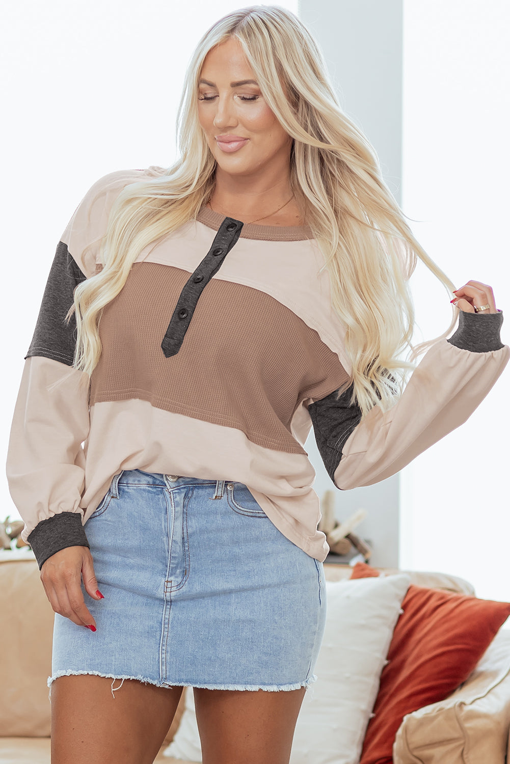 Jet Stream Color Block Waffled Patchwork Loose Henley Top