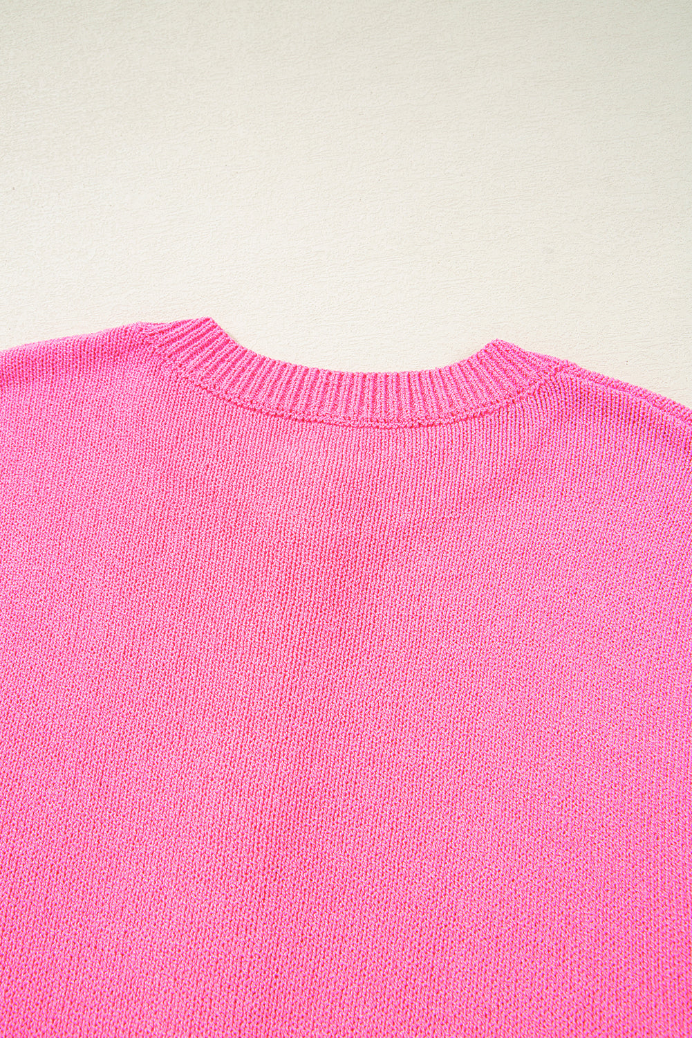 Bright Pink Distressed Hem Short Sleeve Knitted Button Front Sweater