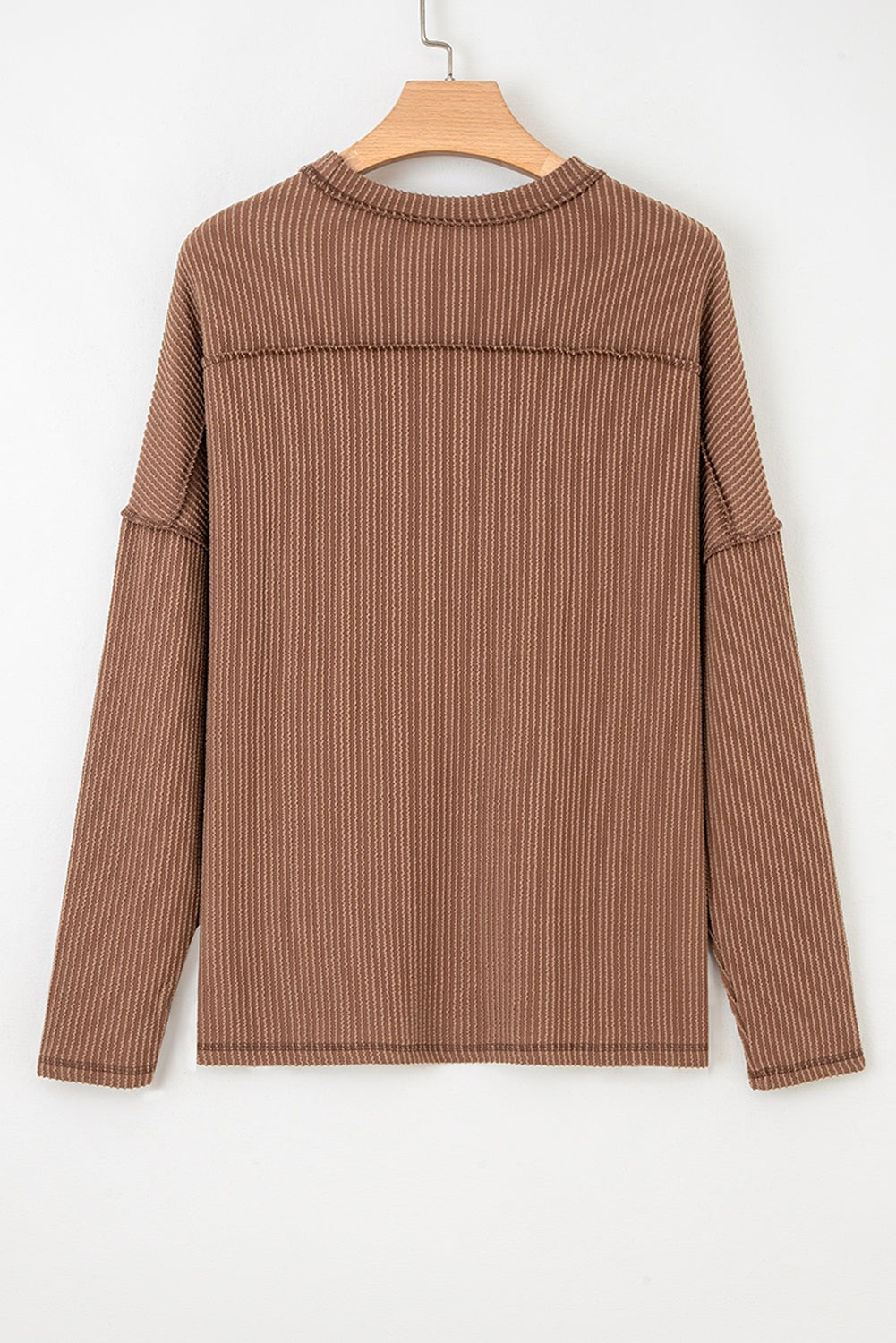 Dark Khaki Twist Ribbed Exposed Seam Detail Long Sleeve Loose Top