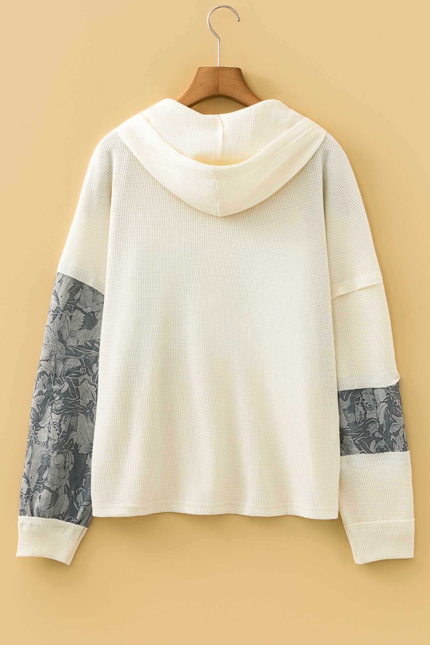 Cinnamon Waffle Printed Patchwork Drawstring Hooded Long Sleeve Top