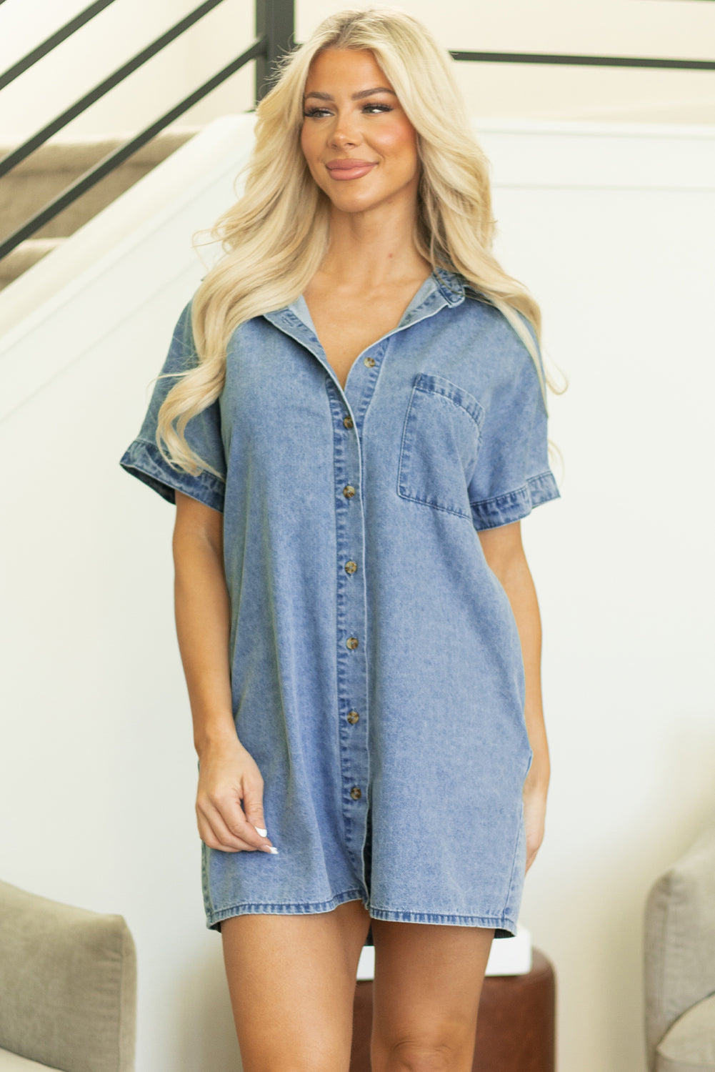 Dusk Blue Short Sleeve Pocketed Button up Denim Tunic Dress