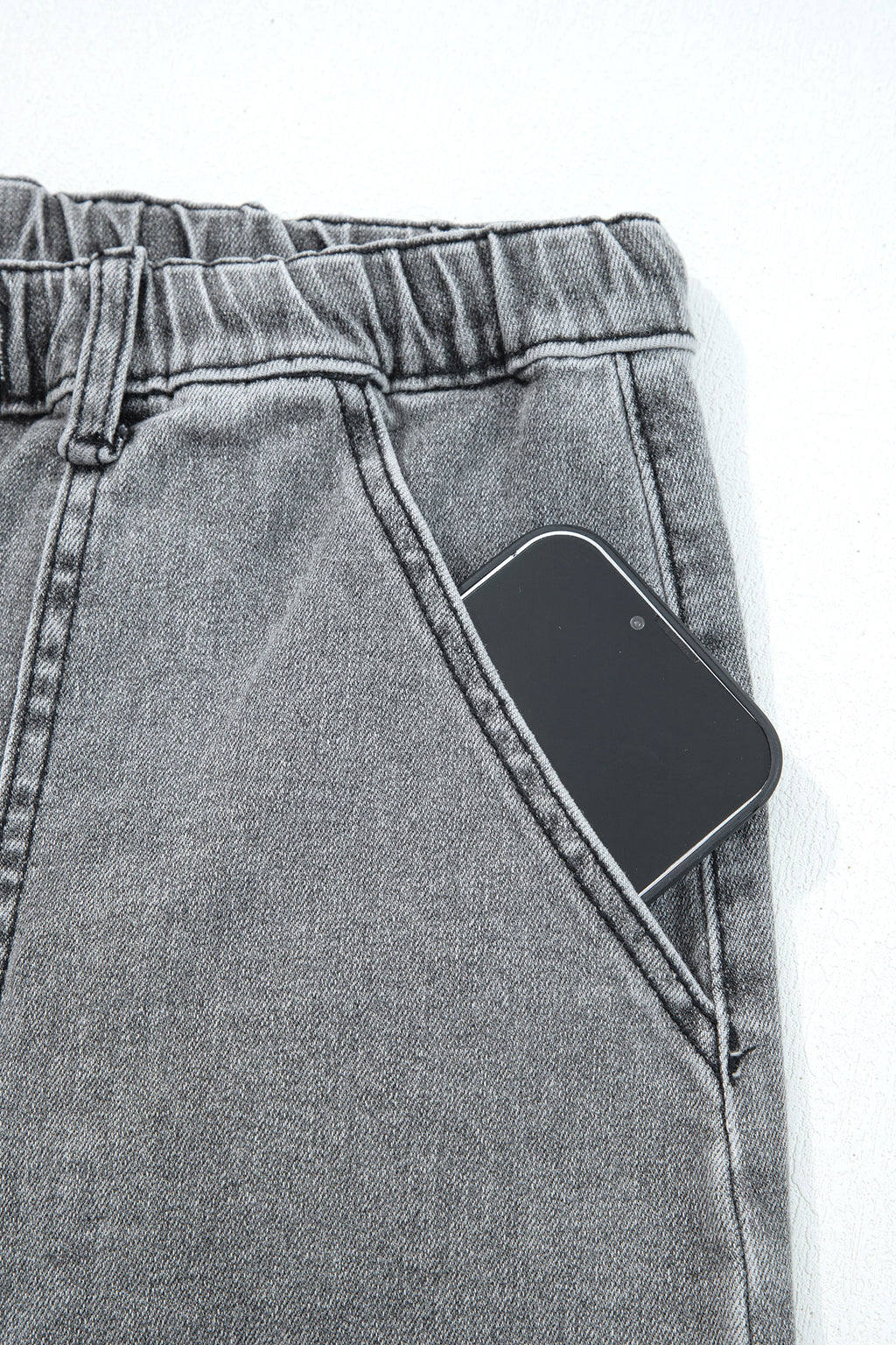 Gray Drawstring Seam Detail Raw Hem Wide Leg Denim Pants