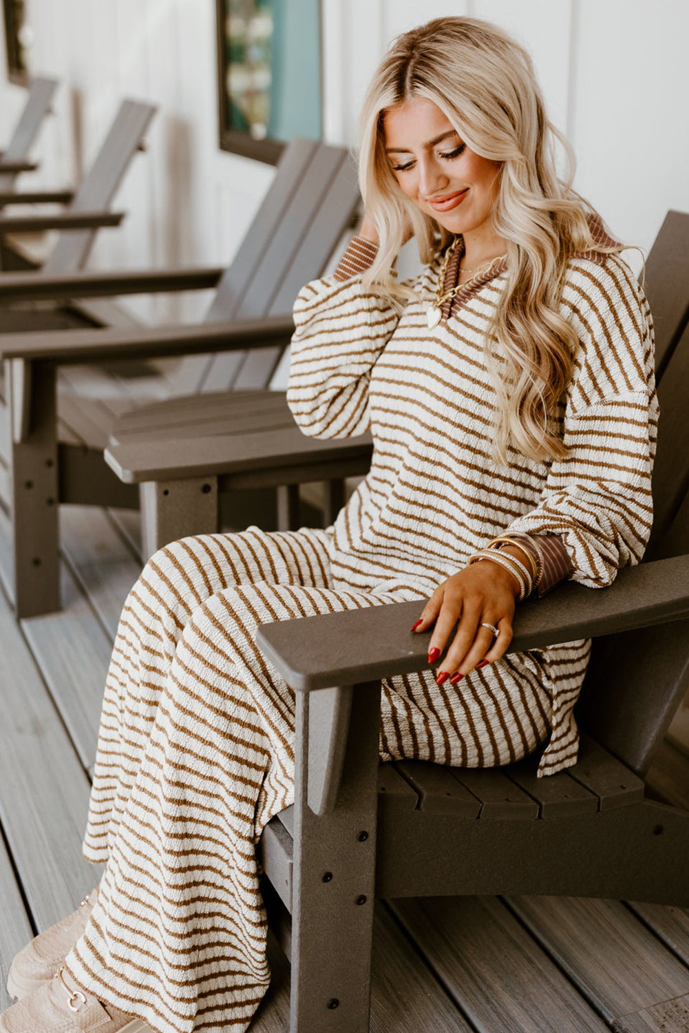 Khaki Stripe Collared Pullover Top and Drawstring Pant Set