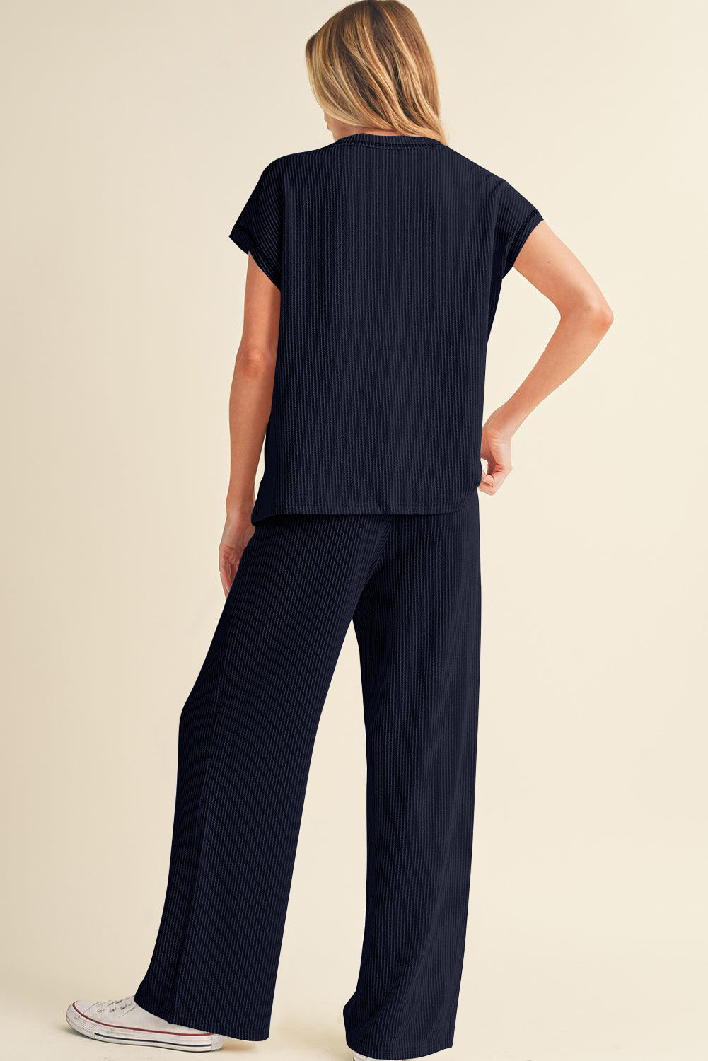 Coffee Solid Color Corded Short Sleeve Top and Casual Pants Set