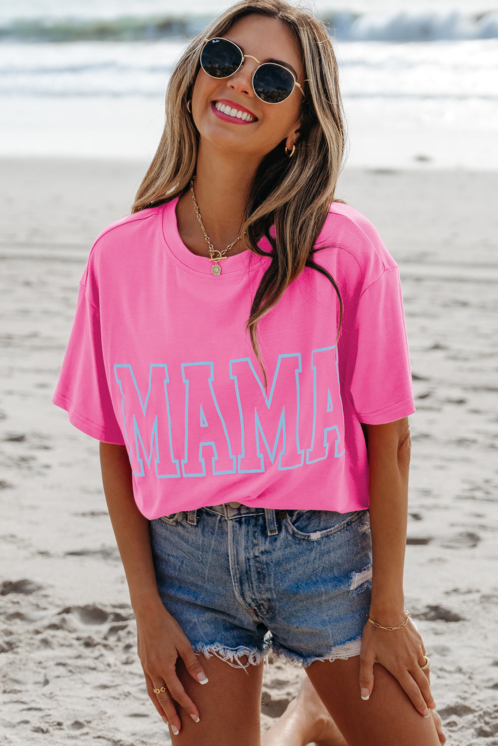 Light Blue MAMA Letter Graphic Neon T Shirt