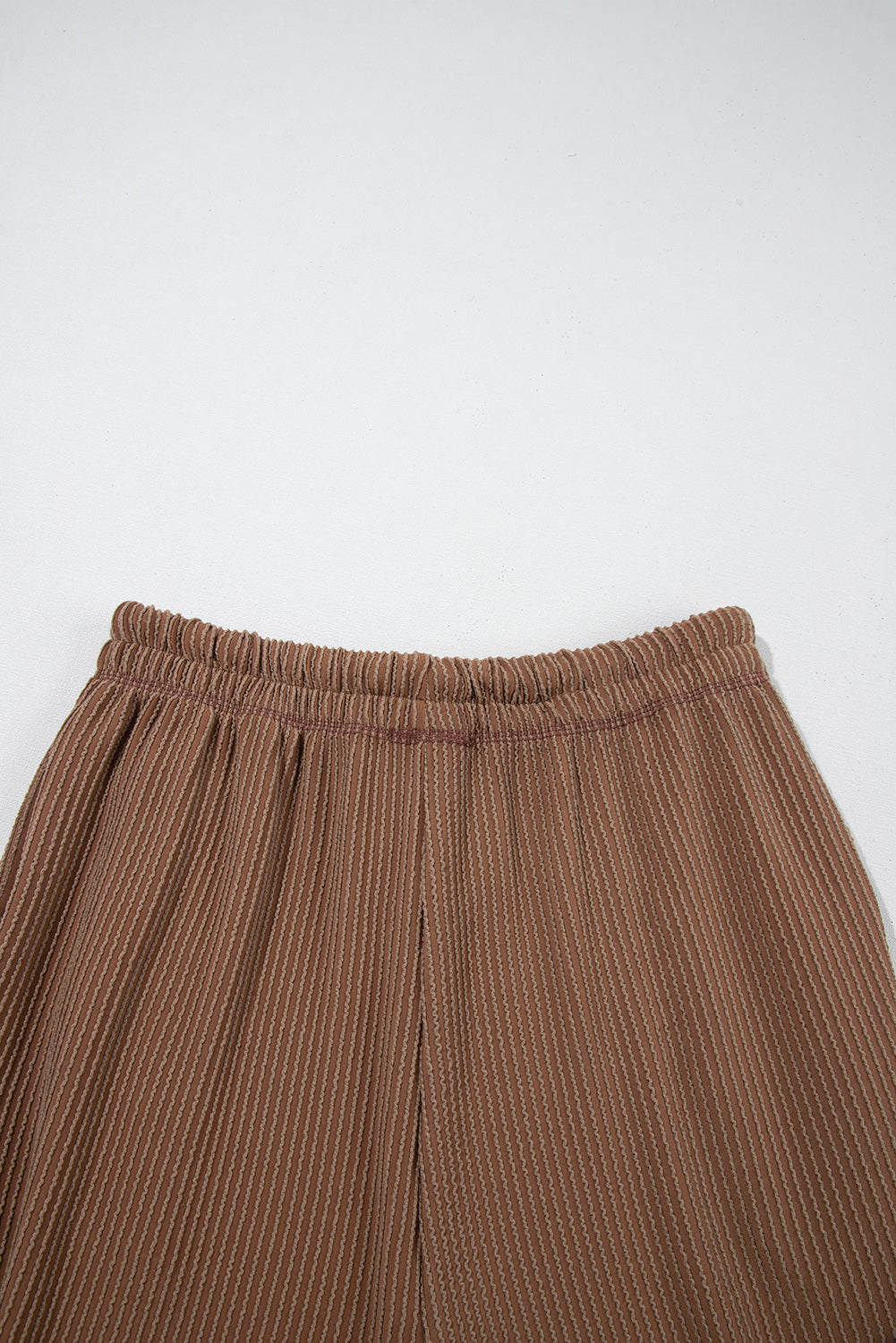 Coffee Solid Color Corded Short Sleeve Top and Casual Pants Set